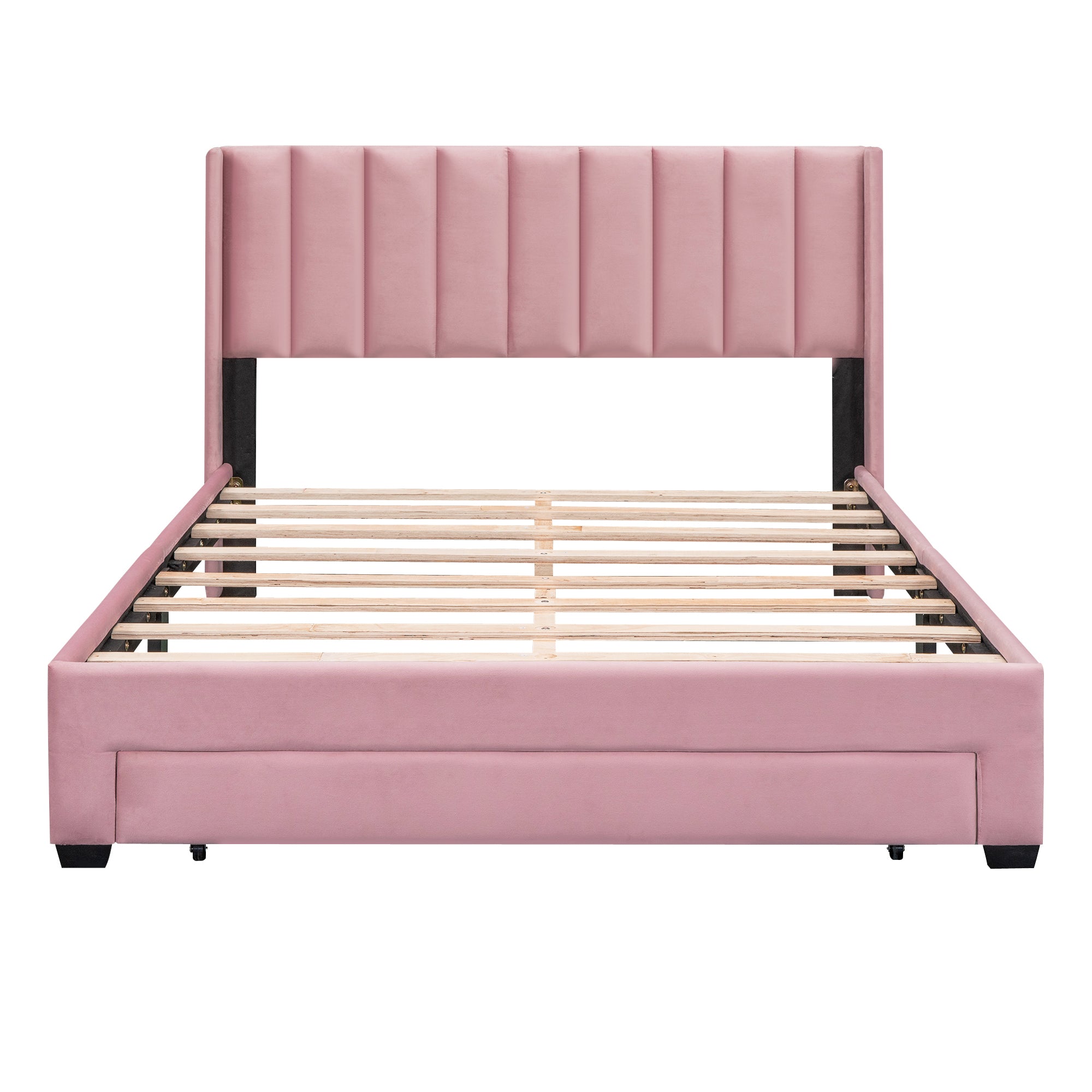 Queen Size Storage Bed Velvet Upholstered Platform Bed with a Big Drawer - Pink - Atlantic Fine Furniture Melbourne FL