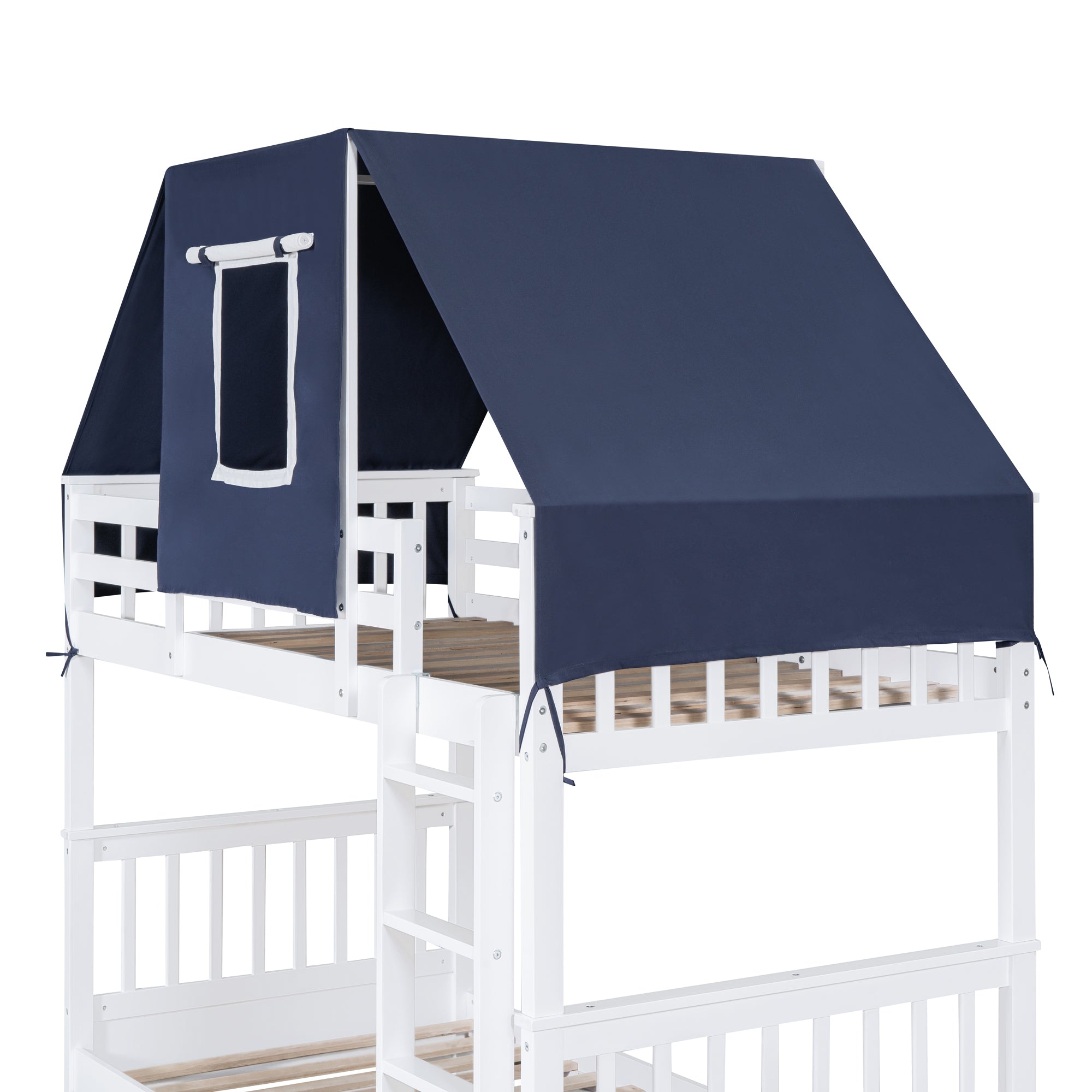 Twin Over Twin Bunk Bed Wood Bed with Tent and Drawers, White+Blue Tent - Atlantic Fine Furniture Melbourne FL