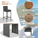 5 Pieces Outdoor Patio Wicker Bar Set, Bar Height Chairs With Non-Slip Feet And Fixed Rope, Removable Cushion, Acacia Wood Table Top - Brown / Gray