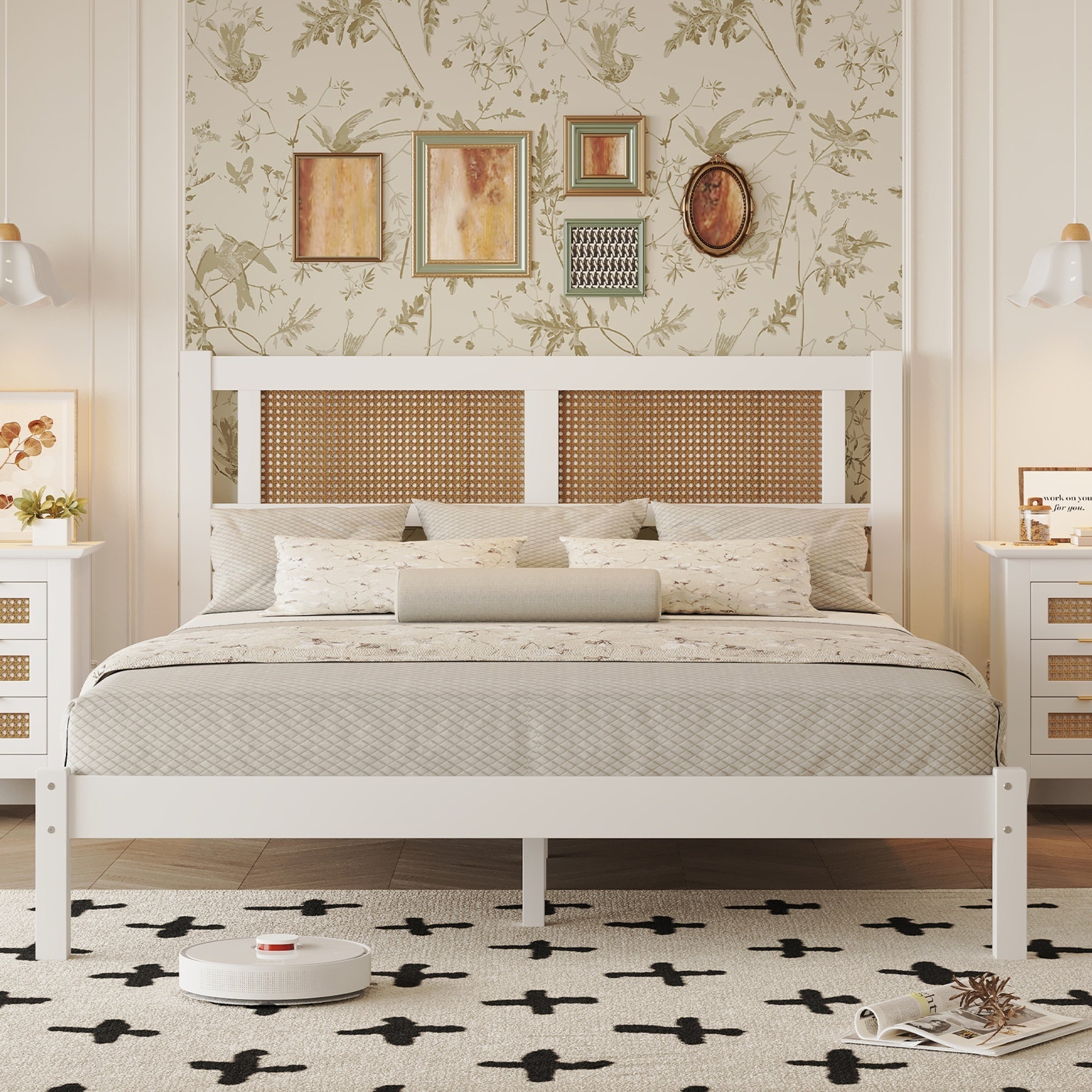 Queen Size Wood Platform Bed with Natural Rattan Headboard,Exquisite Elegance with Minimalist Charm for Bedroom,White - Atlantic Fine Furniture Melbourne FL