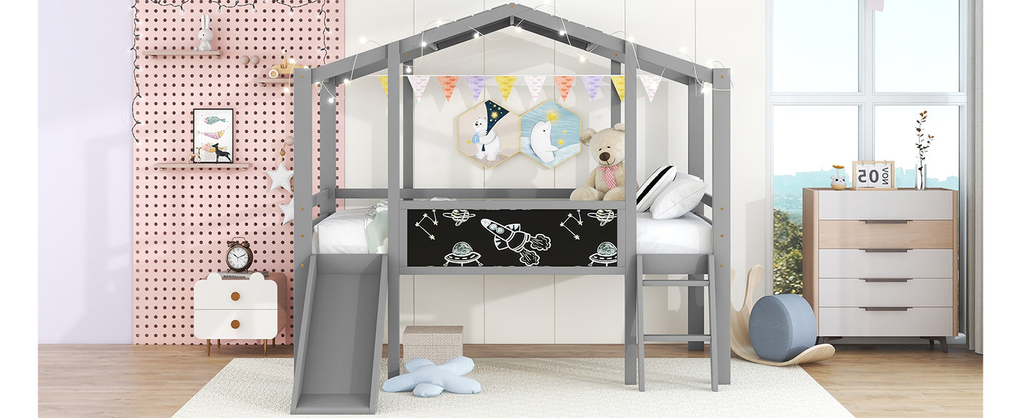 Twin Size Loft Bed with Ladder and Slide, House Bed with Blackboard and Light Strip on the Roof, Gray - Atlantic Fine Furniture Melbourne FL