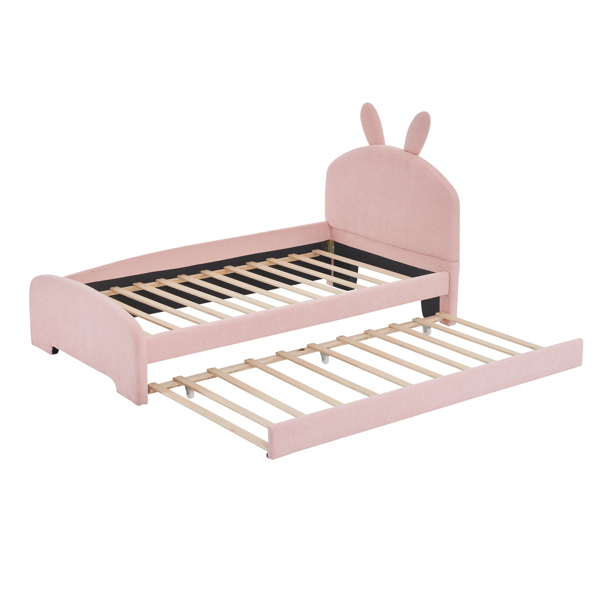 Twin Size Upholstered Platform Bed with Cartoon Ears Shaped Headboard and Trundle, Pink - Atlantic Fine Furniture Melbourne FL