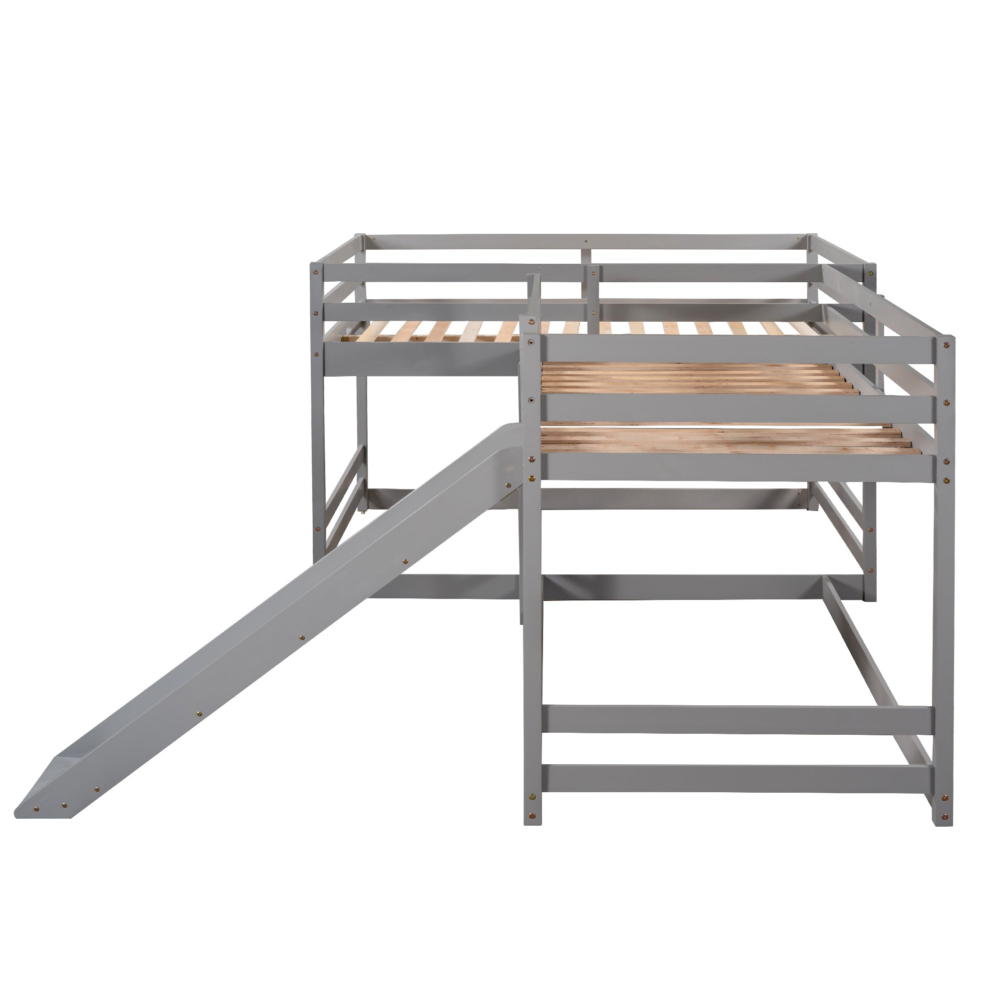 Full and Twin Size L-Shaped Bunk Bed with Slide and Short Ladder,Gray - Atlantic Fine Furniture Melbourne FL
