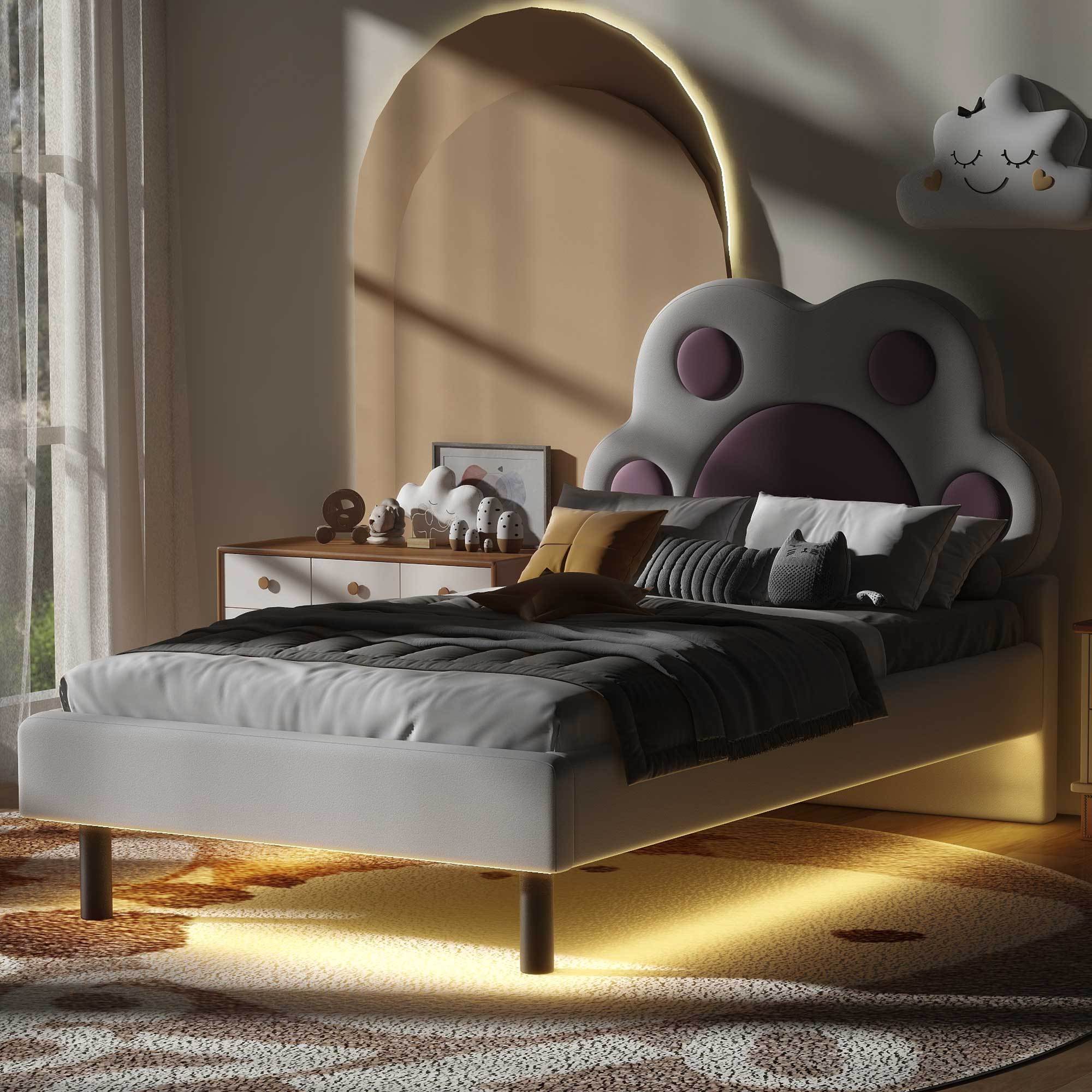 Twin Size Upholstered Platform Bed with Animal Paw Shaped Headboard and LED, Pink - Atlantic Fine Furniture Melbourne FL