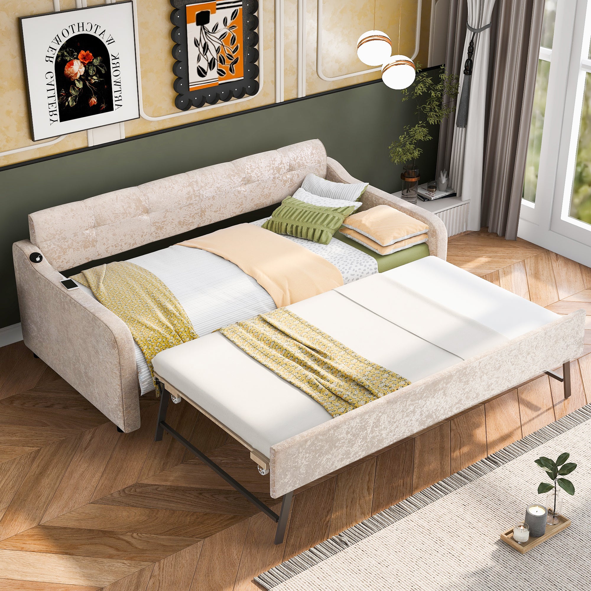 Twin Size Snowflake Velvet Daybed with Trundle and USB Charging Design,Beige - Atlantic Fine Furniture Melbourne FL