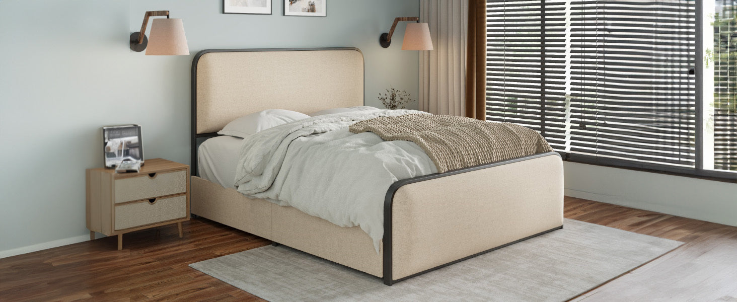 Modern Metal Bed Frame with Curved Upholstered Headboard and Footboard Bed with 4 Storage Drawers, Heavy Duty Metal Slats, King Size, Beige - Atlantic Fine Furniture Melbourne FL