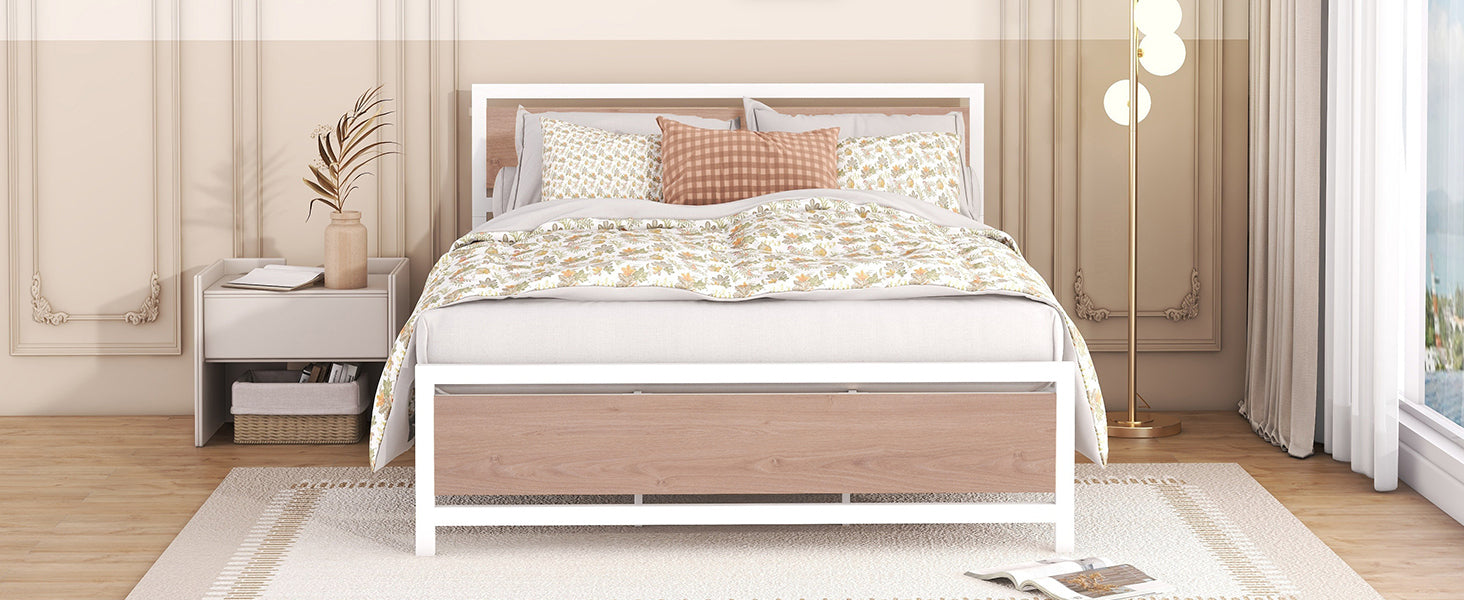 Queen Size Platform Bed, Metal and Wood Bed Frame with Headboard and Footboard , White - Atlantic Fine Furniture Melbourne FL