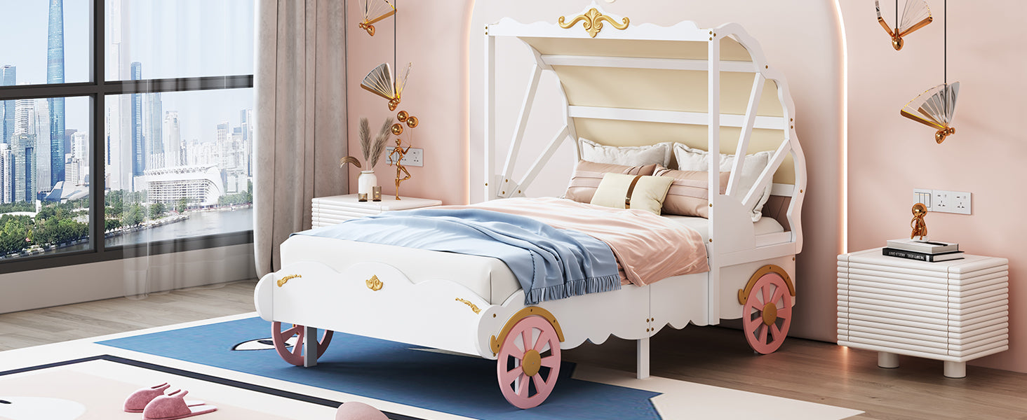 Twin Size Princess Carriage Bed with Canopy, Wood Platform Car Bed with 3D Carving Pattern, White+Pink+Gold - Atlantic Fine Furniture Melbourne FL