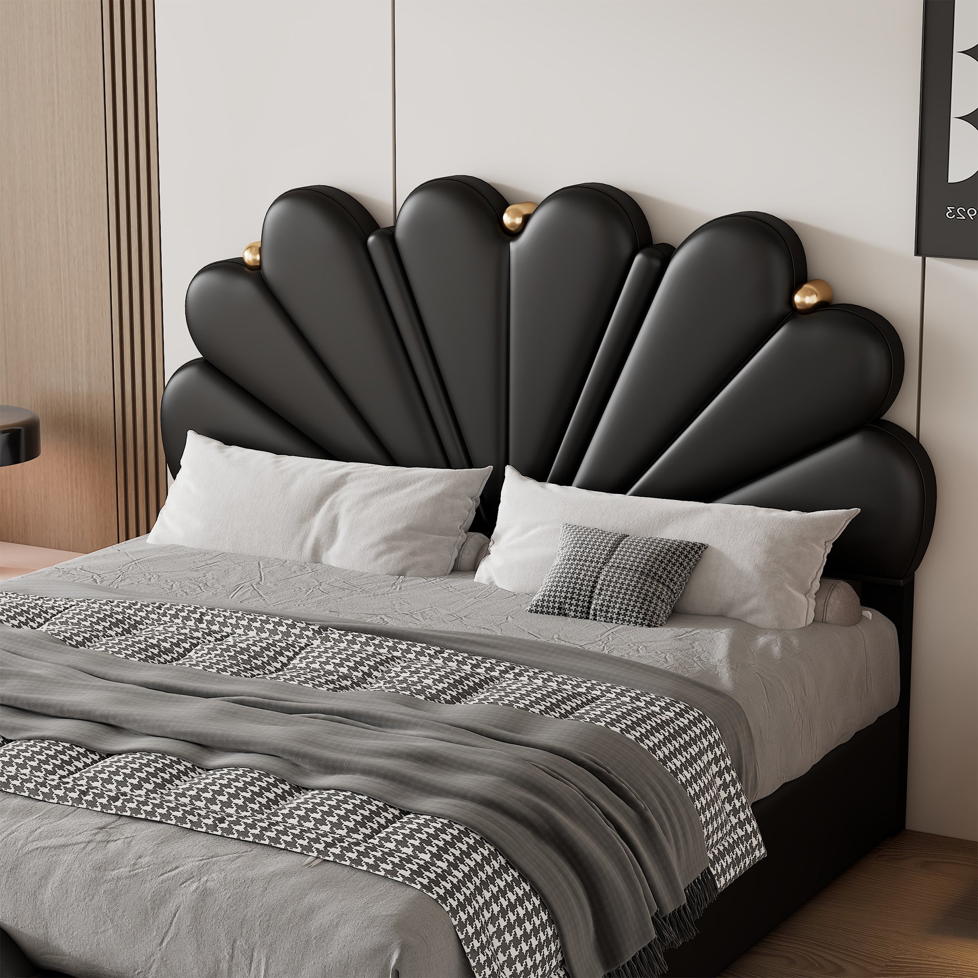 Queen Size Upholstered Petal Shaped Platform Bed with Hydraulic Storage System, PU Storage Bed, Decorated with metal balls, Black - Atlantic Fine Furniture Melbourne FL