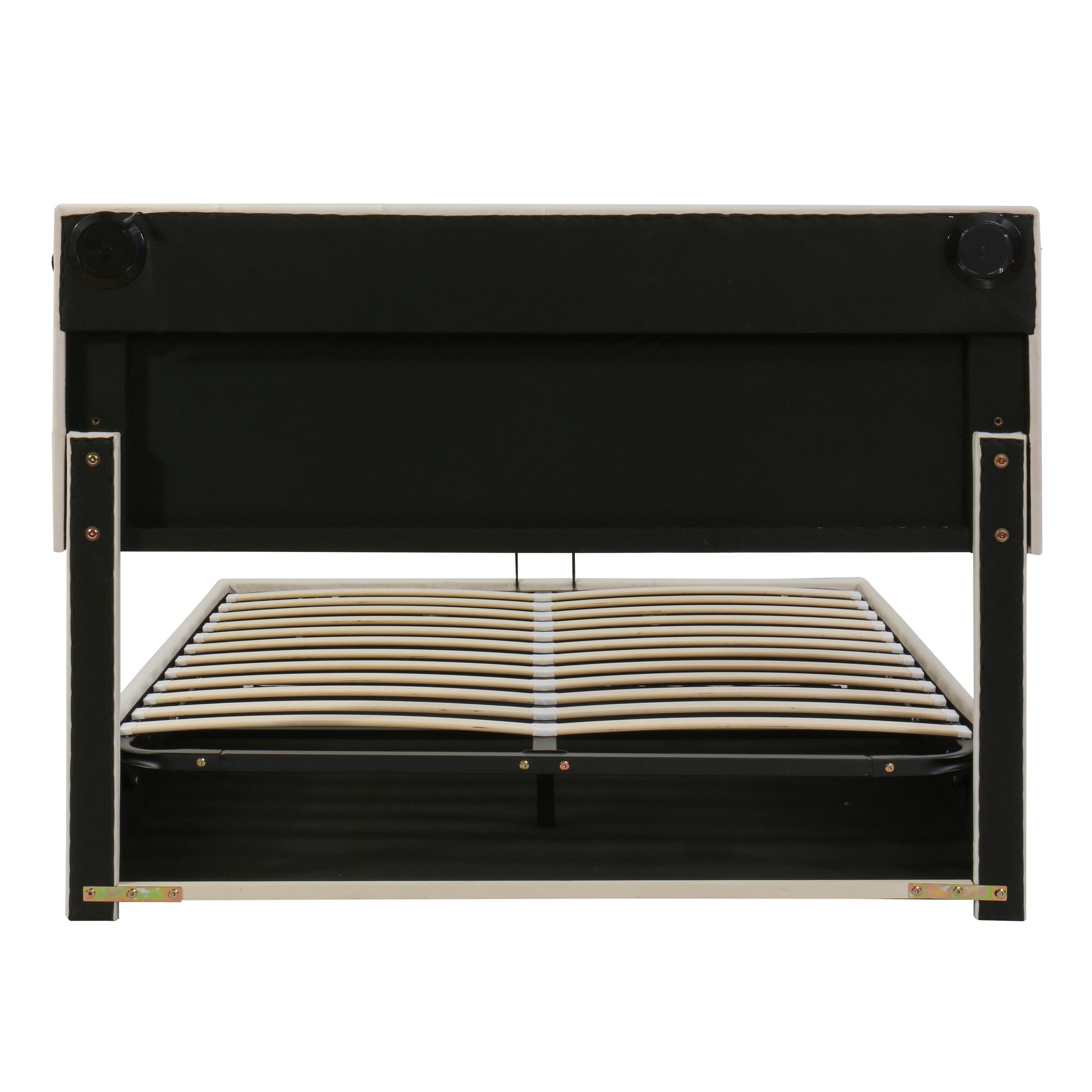 Full Size Upholstered Bed with LED Light and Integrated Bluetooth Audio System, Modern Platform Bed with Hydraulic Storage System and USB Port, Velvet , Beige - Atlantic Fine Furniture Melbourne FL