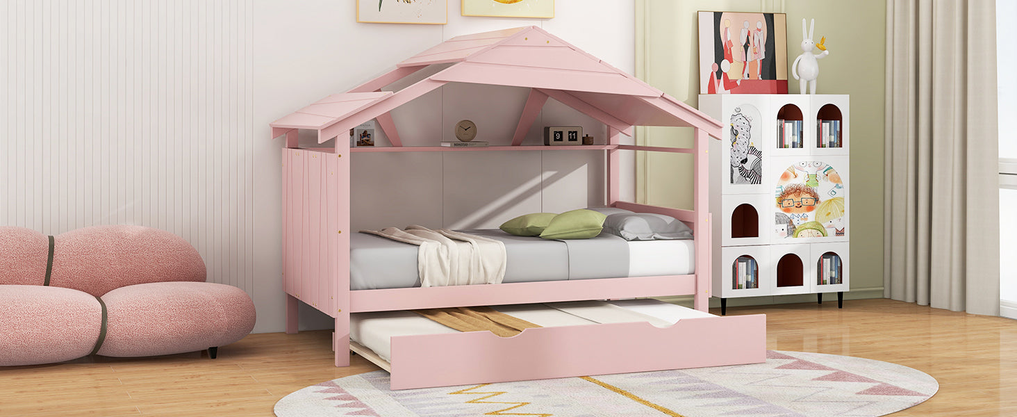 Wood Twin Size House Bed with Trundle and Storage, Pink - Atlantic Fine Furniture Melbourne FL