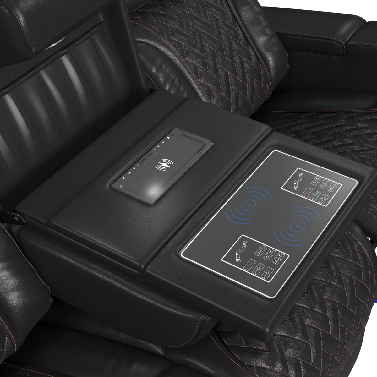 Prime Time P3 Sofa With I Table, Reading Light, Heat, Massage, LED, And Speaker in Black by Elements International, view 13
