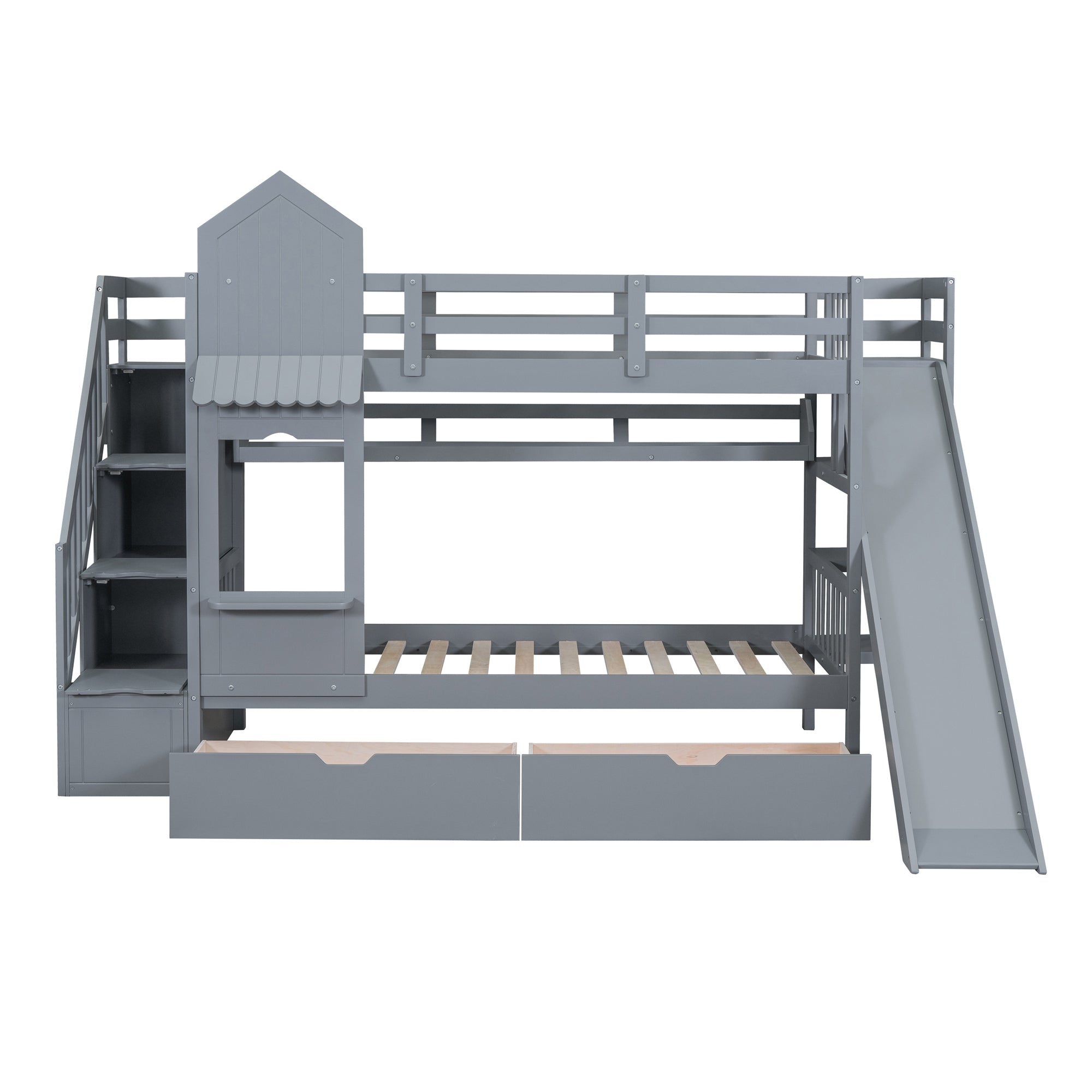 Twin-Over-Twin Castle Style Bunk Bed with 2 Drawers 3 Shelves and Slide - Gray - Atlantic Fine Furniture Melbourne FL