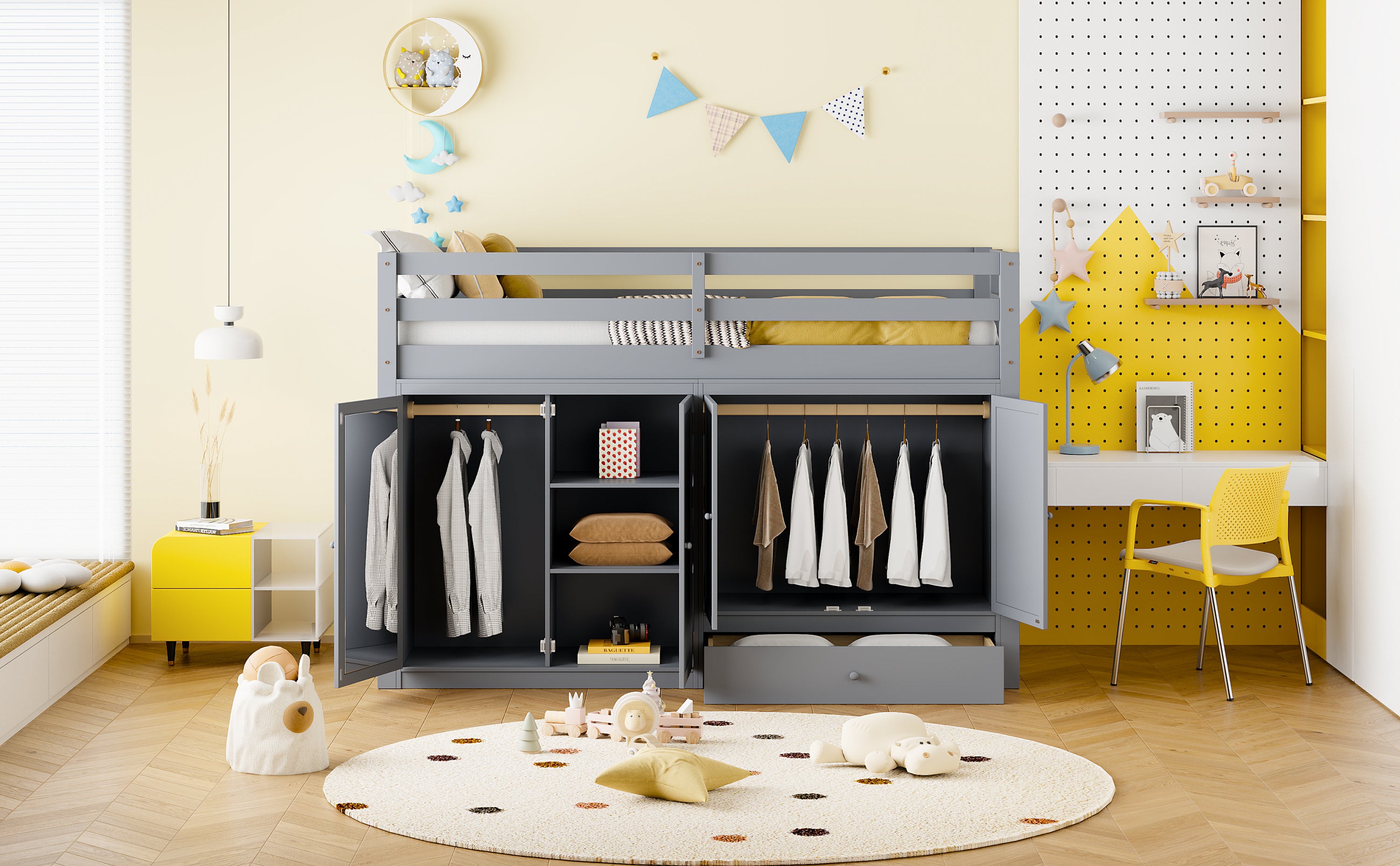 Twin size Loft Bed with Drawer, Two Wardrobes and Mirror, Gray - Atlantic Fine Furniture Melbourne FL