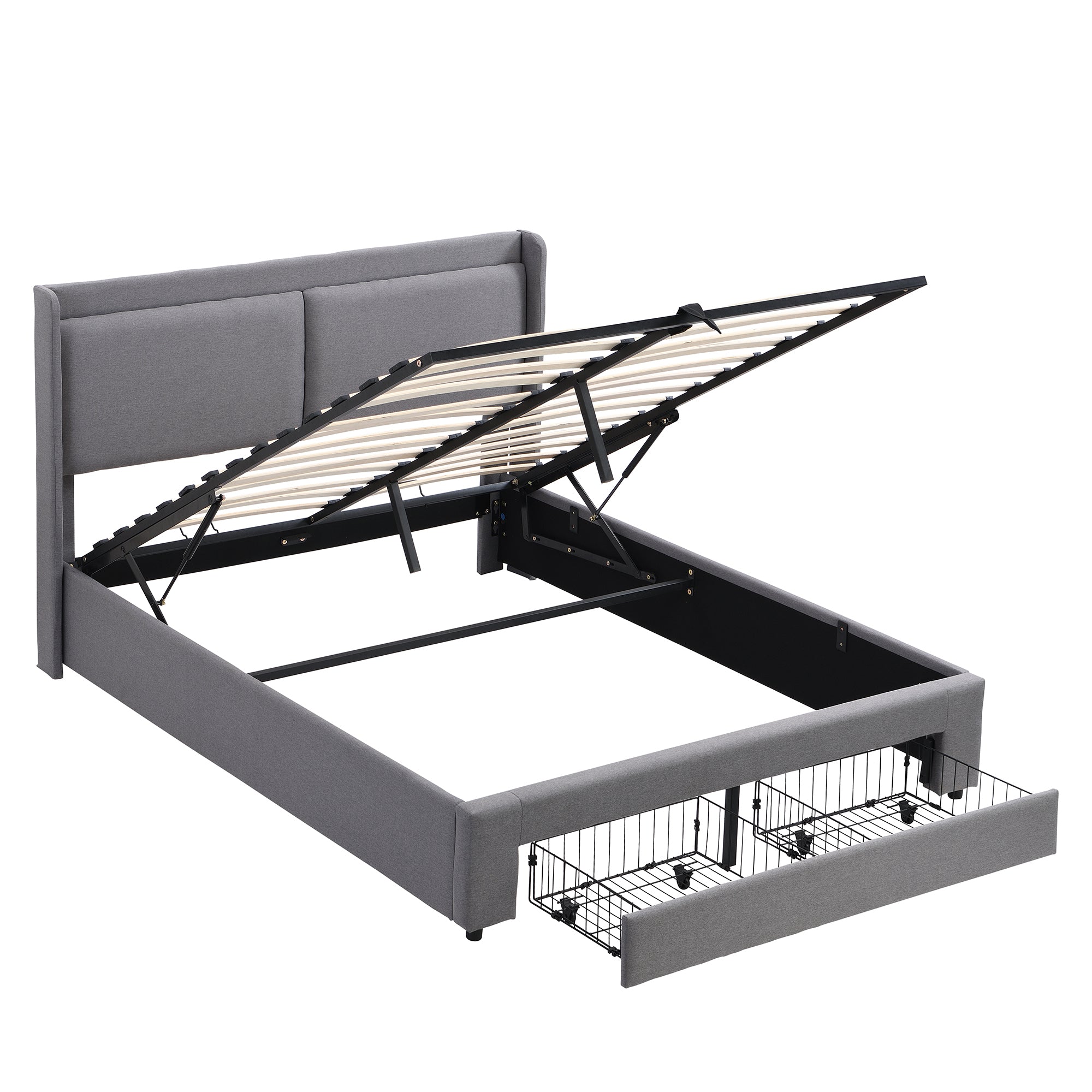Queen Size Storage Upholstered Hydraulic Platform Bed with 2 Drawers, Gray - Atlantic Fine Furniture Melbourne FL