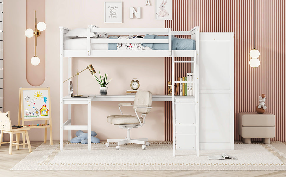 Twin size Loft Bed with Desk, Shelves and Wardrobe-White - Atlantic Fine Furniture Melbourne FL