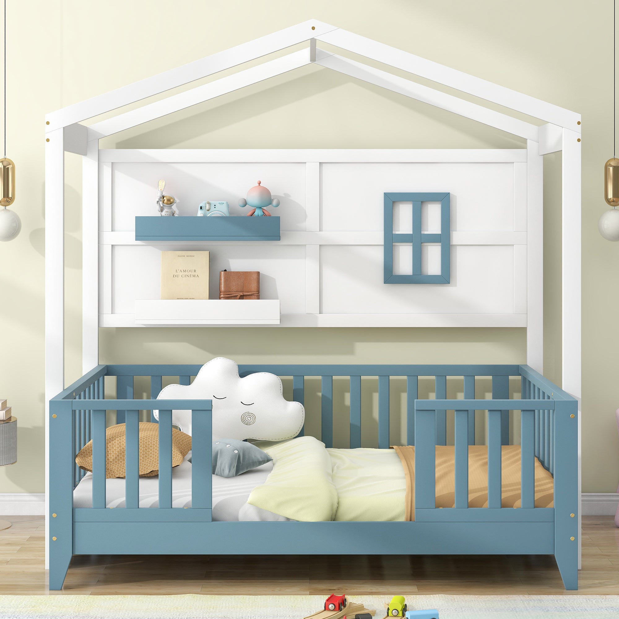 Twin Size Wood House Bed with 2 Shelves and Guardrail, White - Atlantic Fine Furniture Melbourne FL