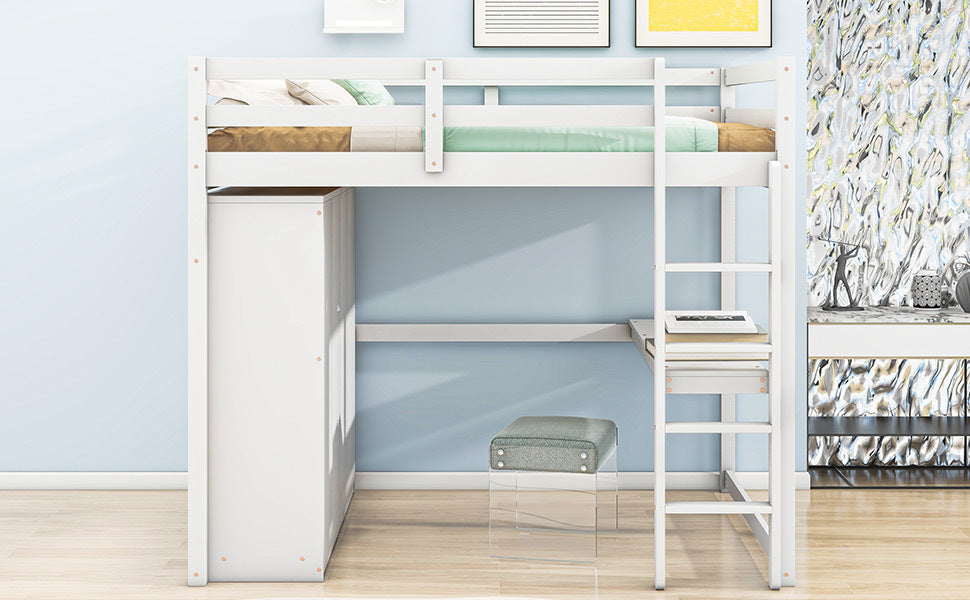 Wood Full Size Loft Bed with Built-in Wardrobe, Desk, Storage Shelves and Drawers, White - Atlantic Fine Furniture Melbourne FL