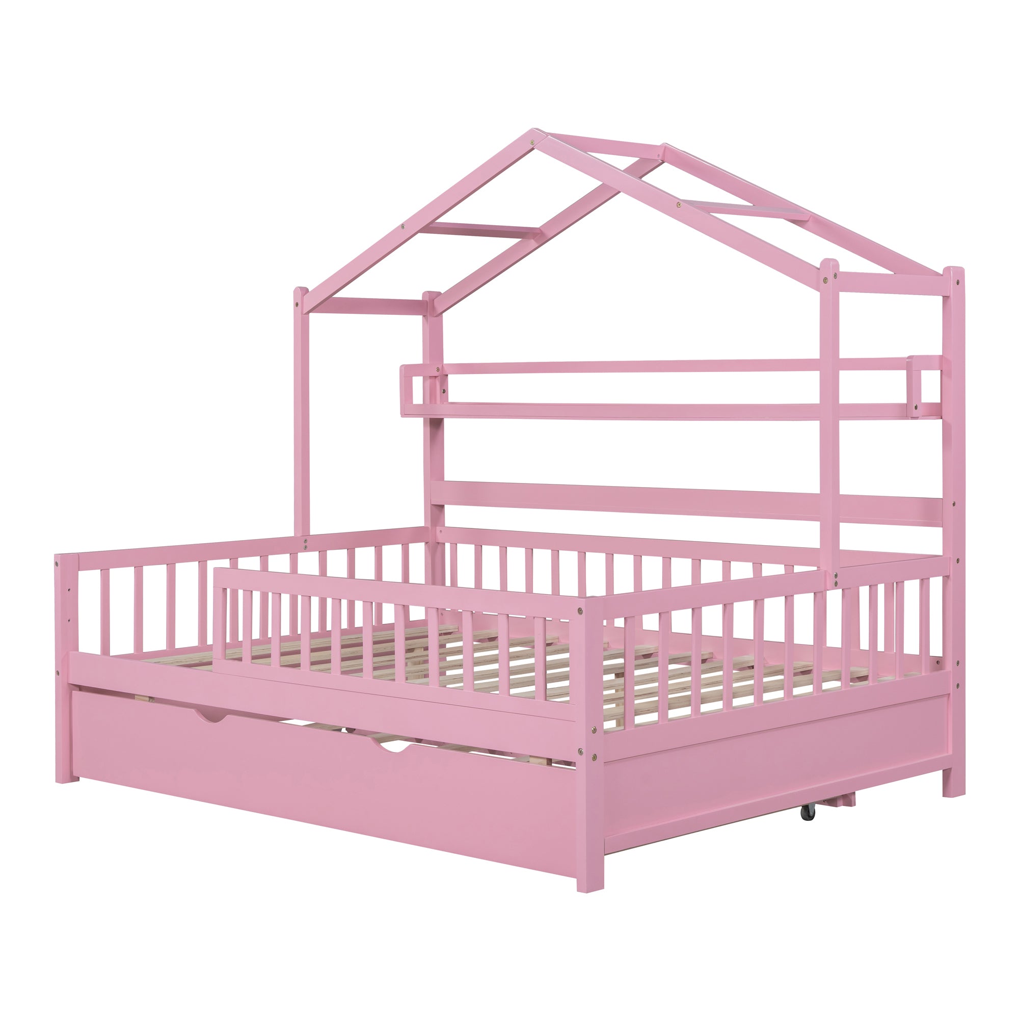Wooden Full Size House Bed with Twin Size Trundle,Kids Bed with Shelf, Pink - Atlantic Fine Furniture Melbourne FL