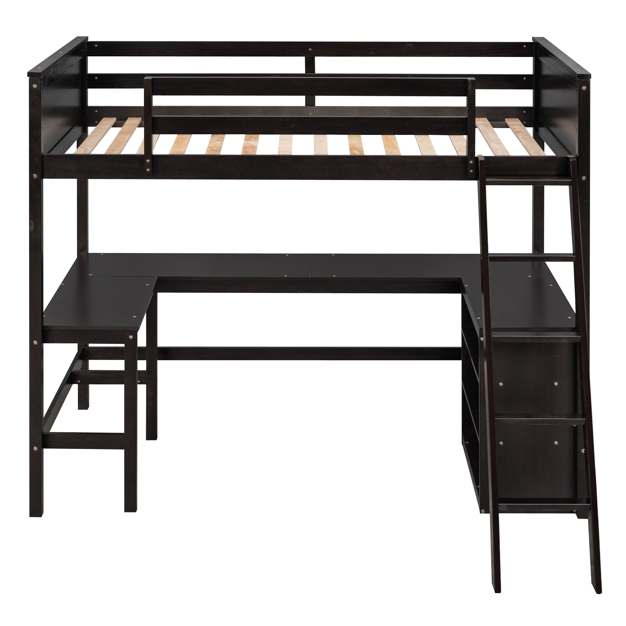 Twin size Loft Bed with Shelves and Desk, Wooden Loft Bed with Desk - Espresso(OLD SKU:LT000537AAP) - Atlantic Fine Furniture Melbourne FL