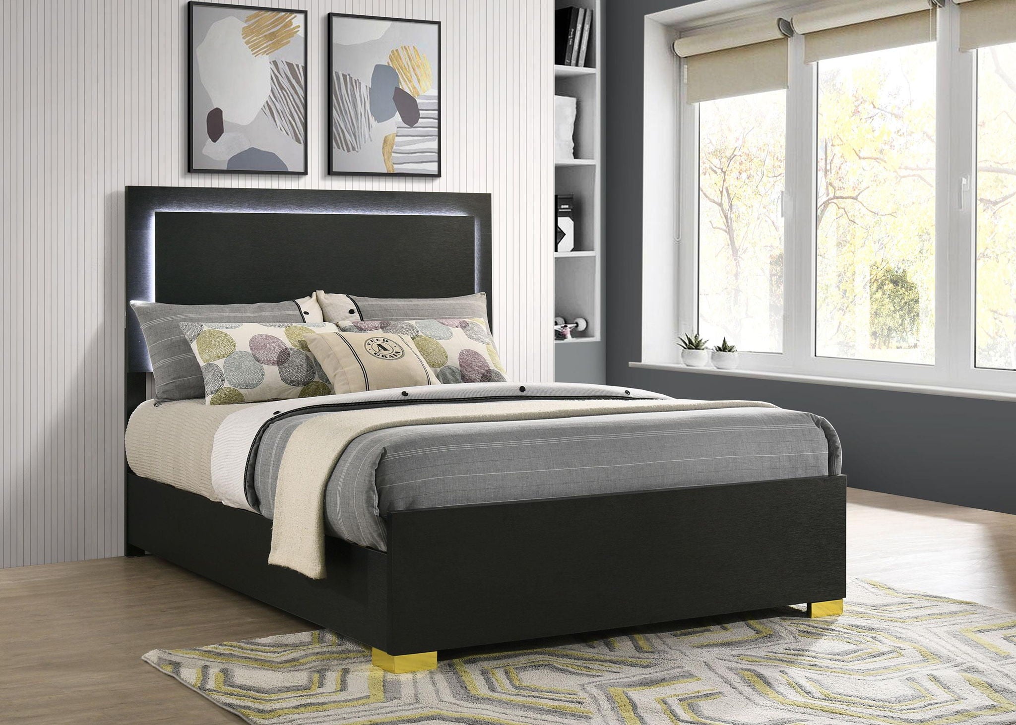 Marceline Wood Full LED Panel Bed Black
