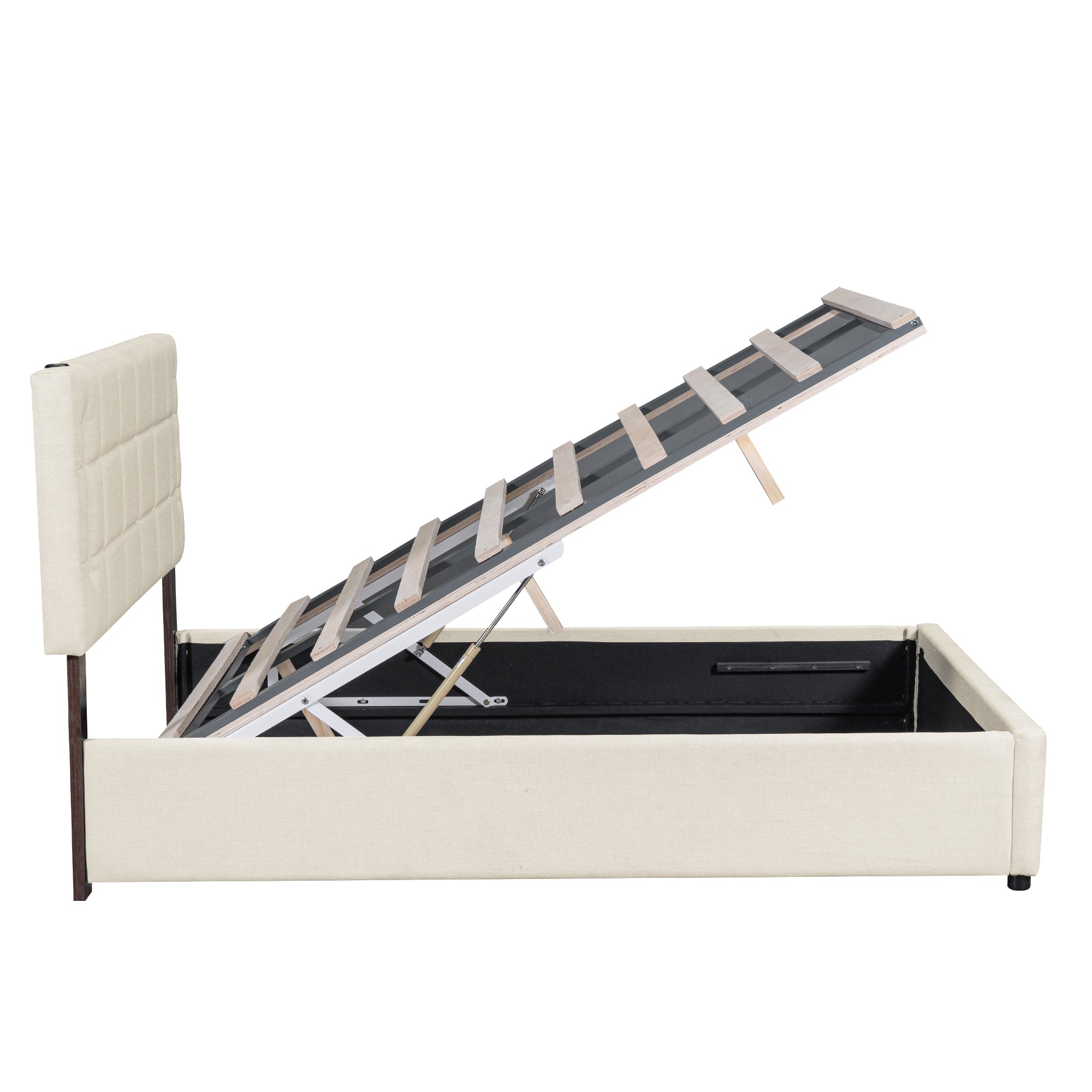 Full Size Upholstered Bed with Hydraulic Storage System and LED Light, Beige