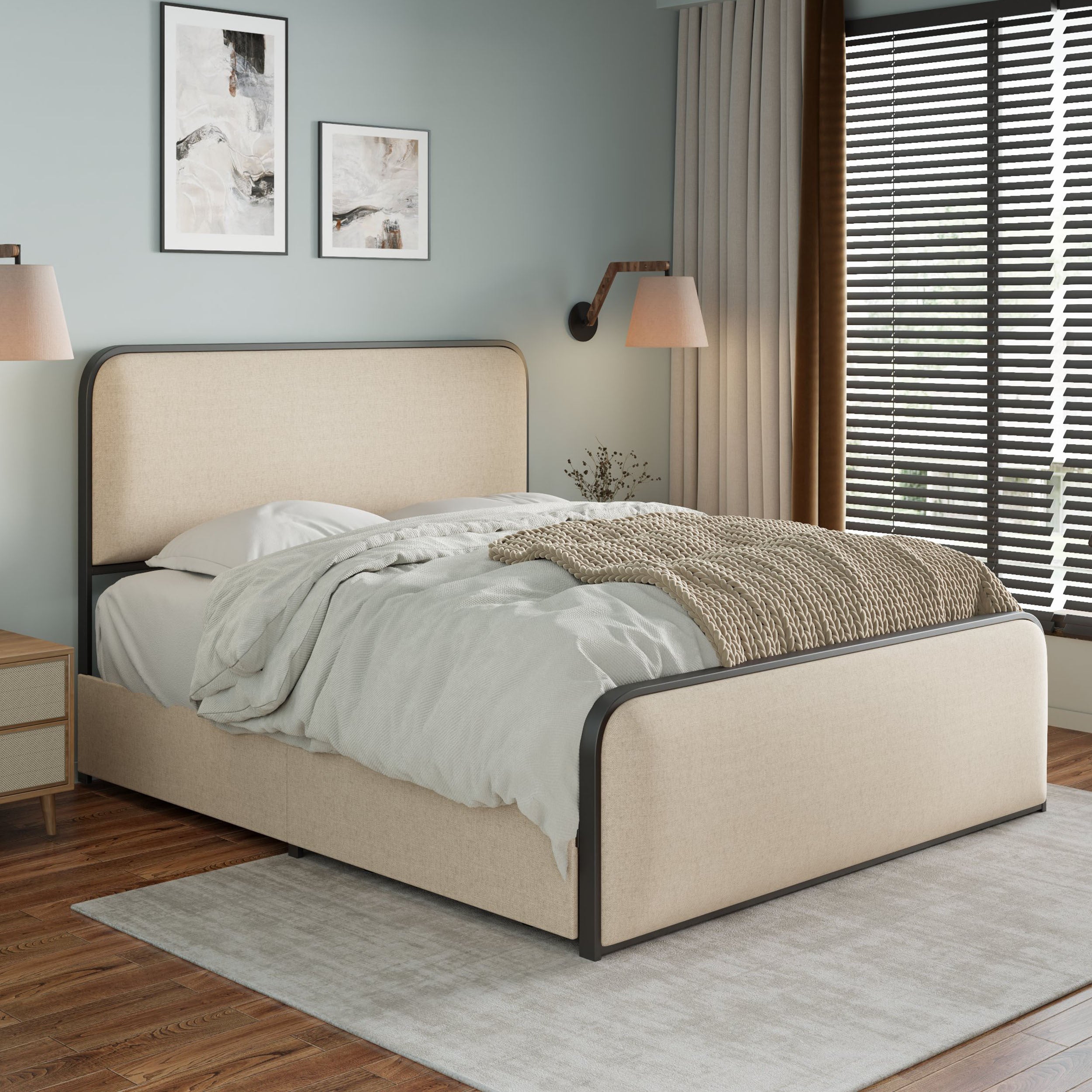 Modern Metal Bed Frame with Curved Upholstered Headboard and Footboard Bed with 4 Storage Drawers, Heavy Duty Metal Slats, King Size, Beige - Atlantic Fine Furniture Melbourne FL