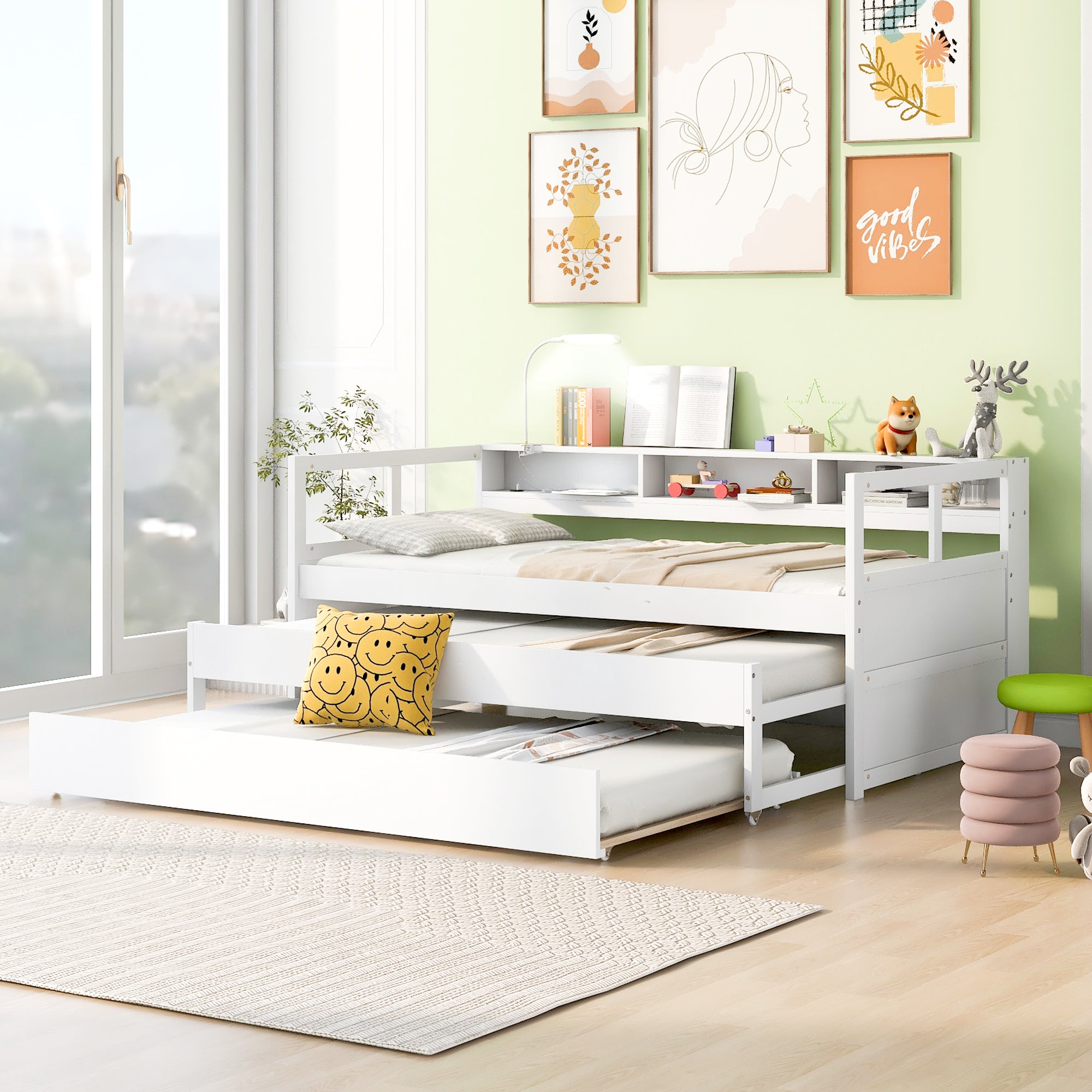 Twin XL Wood Daybed with 2 Trundles, 3 Storage Cubbies, 1 Light for Free and USB Charging Design, White - Atlantic Fine Furniture Melbourne FL