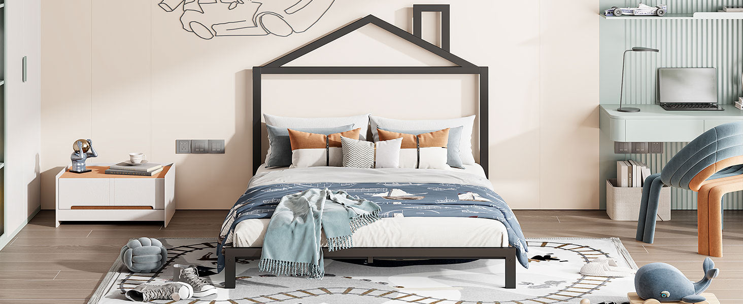 Full Size Metal Platform Bed with House-Shaped Headboard Design, Black - Atlantic Fine Furniture Melbourne FL