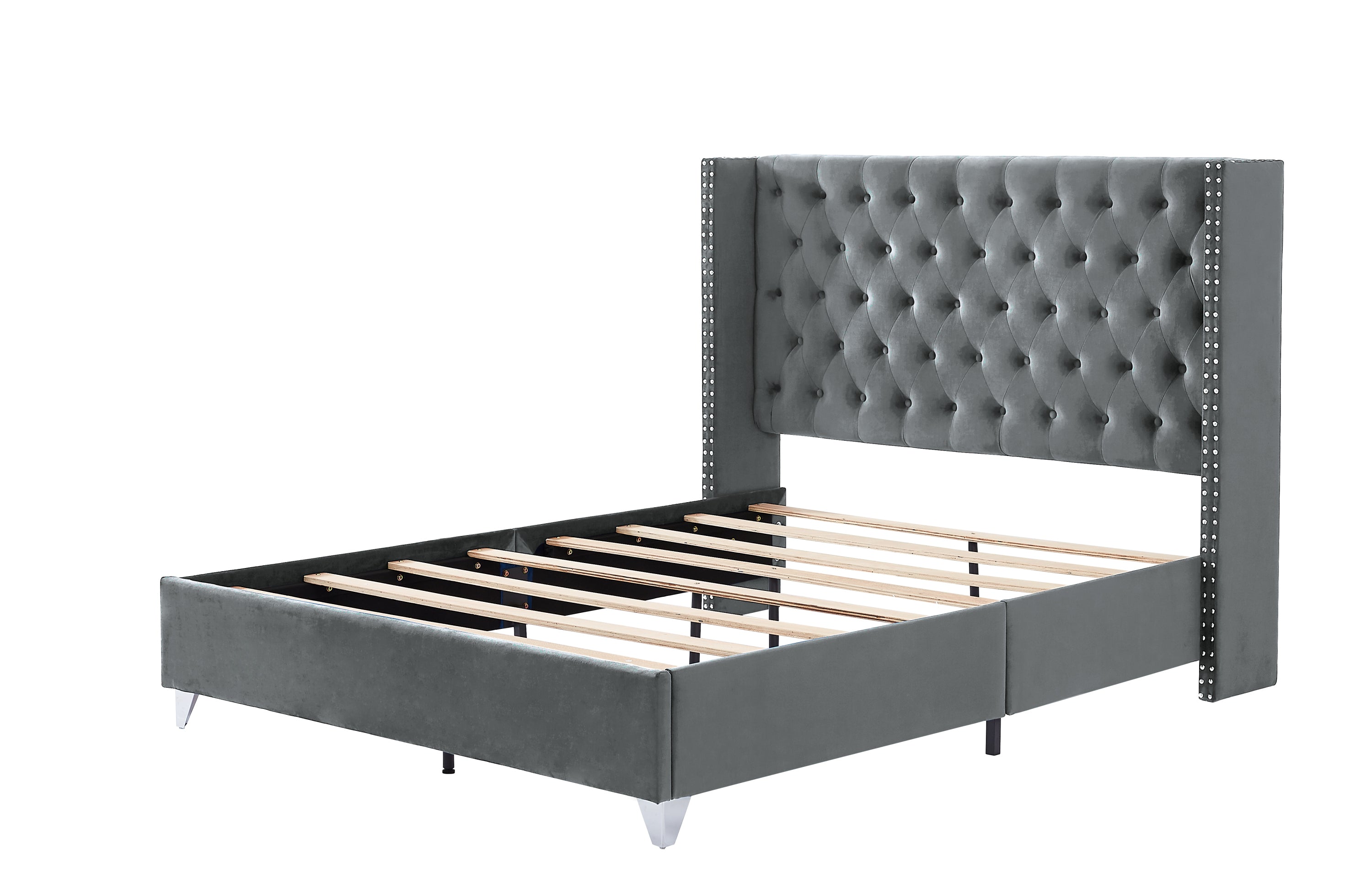 B100S Queen bed, Button designed Headboard, strong wooden slats + metal support feet, Gray Flannelette