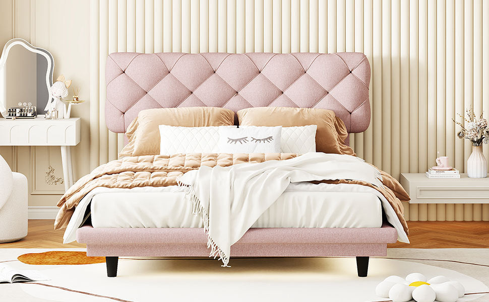 Full Size Upholstered Bed with Light Stripe, Floating Platform Bed, Linen Fabric,Pink - Atlantic Fine Furniture Melbourne FL