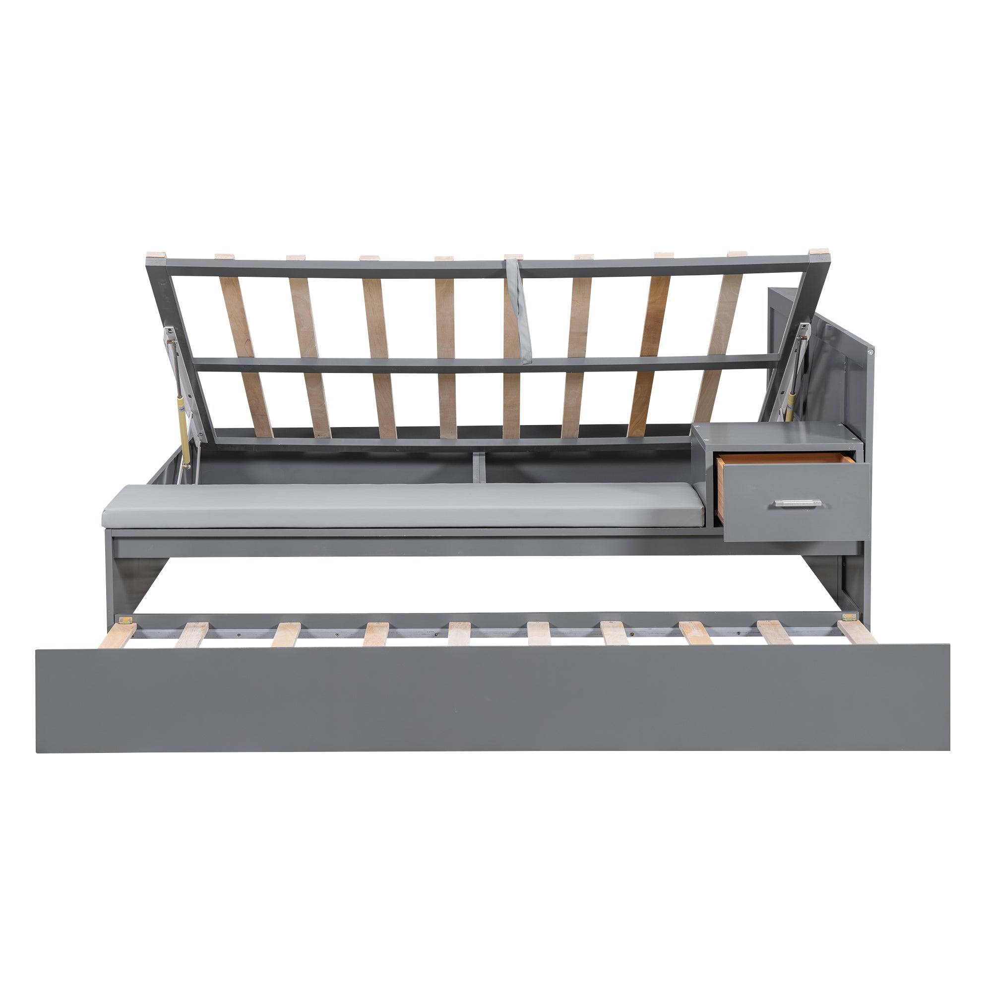 Full Size Wood Storage Hydraulic Platform Bed with Twin Size Trundle, Side Table and Lounge, Gray - Atlantic Fine Furniture Melbourne FL