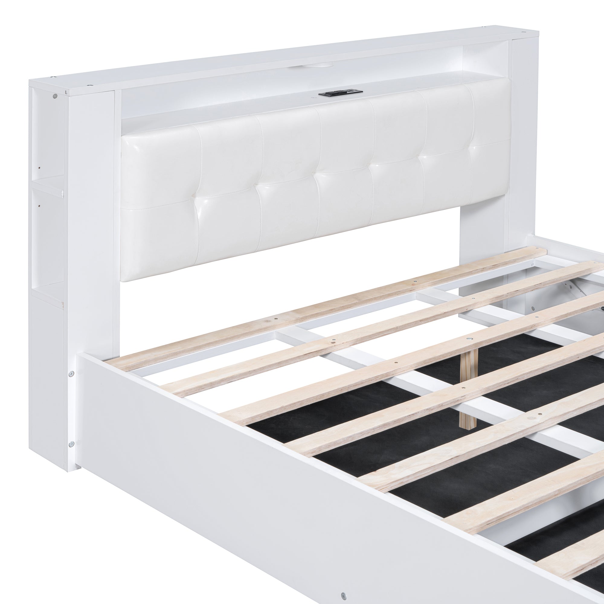 Queen Size Tufted Upholstered Platform Bed with Storage Headboard and Hydraulic Storage System, Modern PU Storage Bed with Motion Activated Night Lights and USB Charger,White