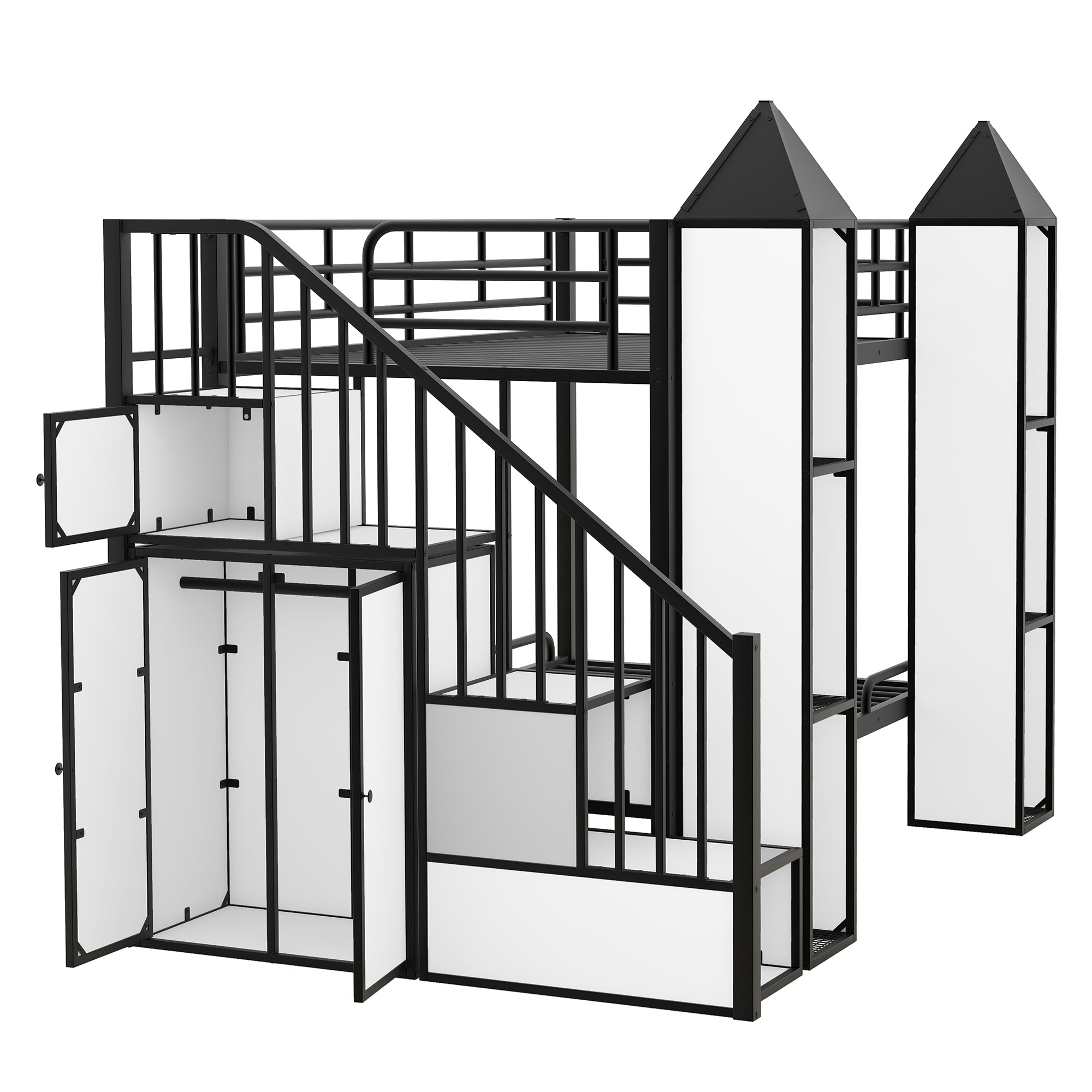 Metal Twin over Twin Castle-shaped Bunk Bed with Wardrobe and Multiple Storage, Black+White - Atlantic Fine Furniture Melbourne FL
