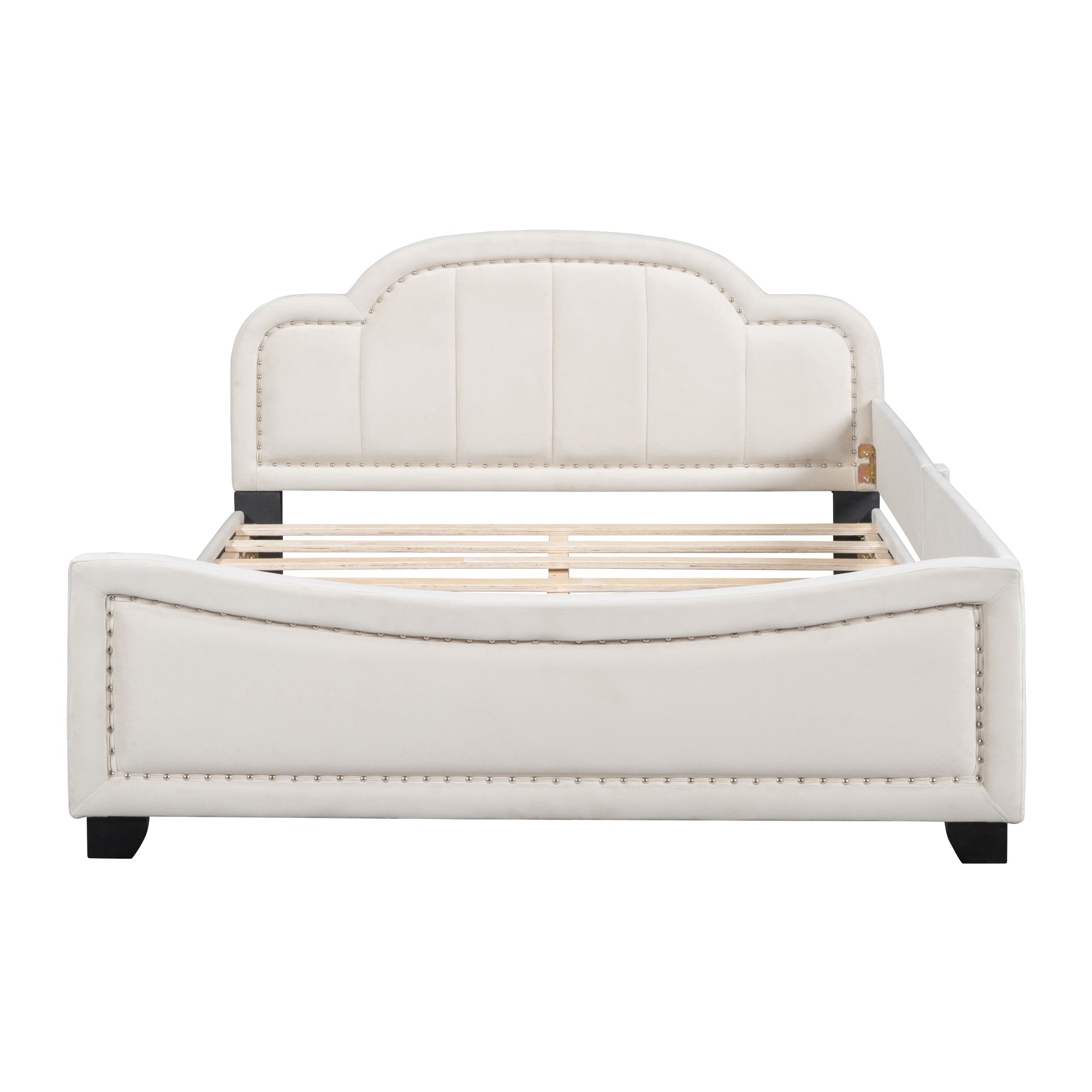 Full Size Upholstered Daybed with Cloud Shaped Headboard, Embedded Elegant Copper Nail Design, Beige - Atlantic Fine Furniture Melbourne FL