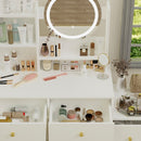 Fashion Vanity Desk With Mirror And Lights For Makeup And Cushioned Chair, Adjustable 3 Color Lighting - White