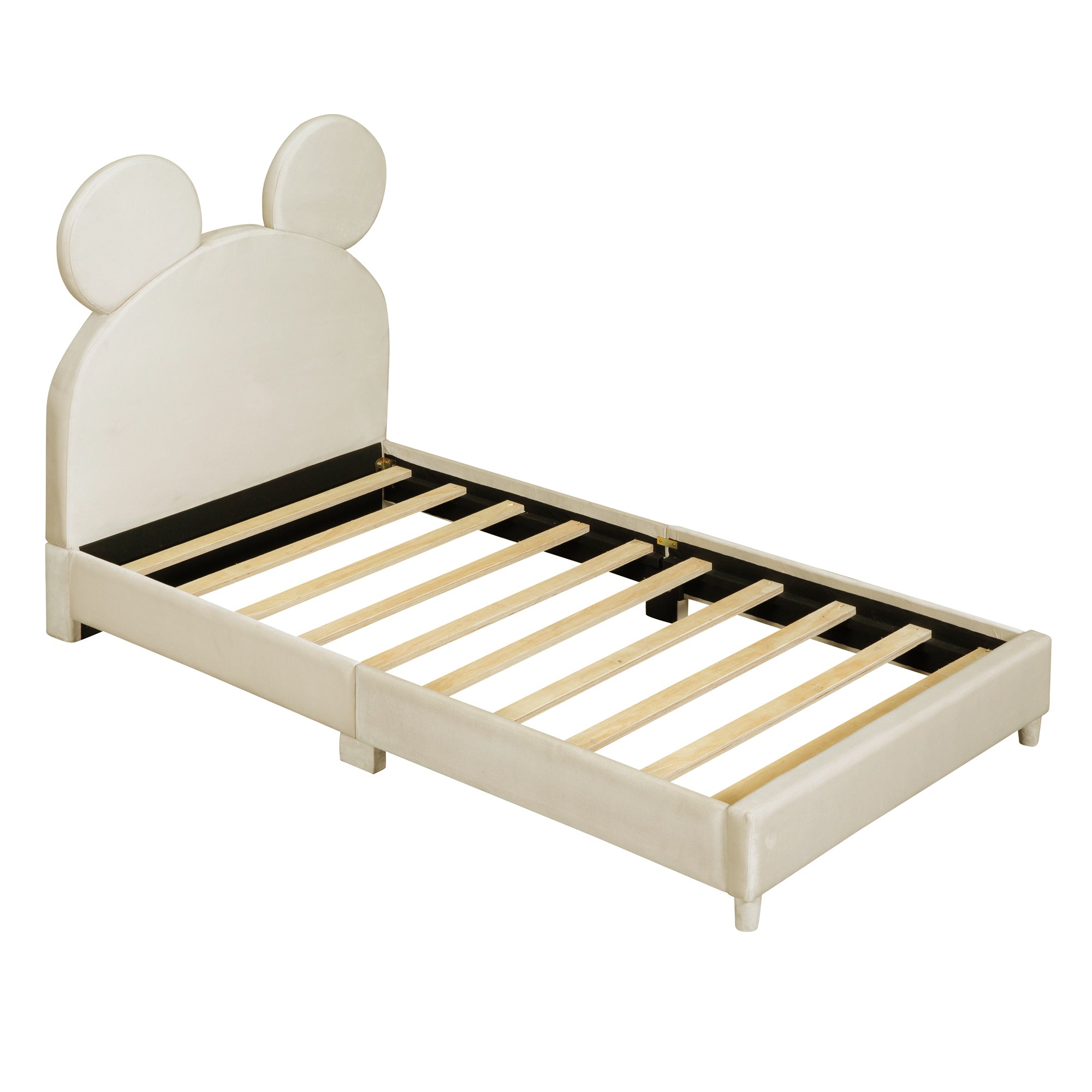 Twin Size Upholstered Platform Bed with Bear Ear Shaped Headboard, Beige - Atlantic Fine Furniture Melbourne FL