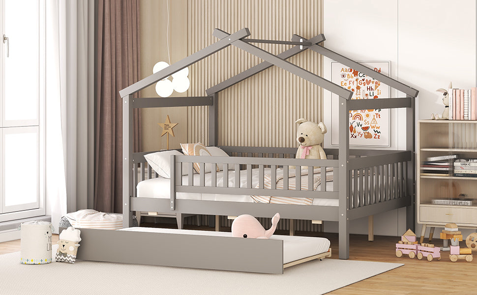 Full Size Wooden House Bed with Twin Size Trundle, Gray - Atlantic Fine Furniture Melbourne FL