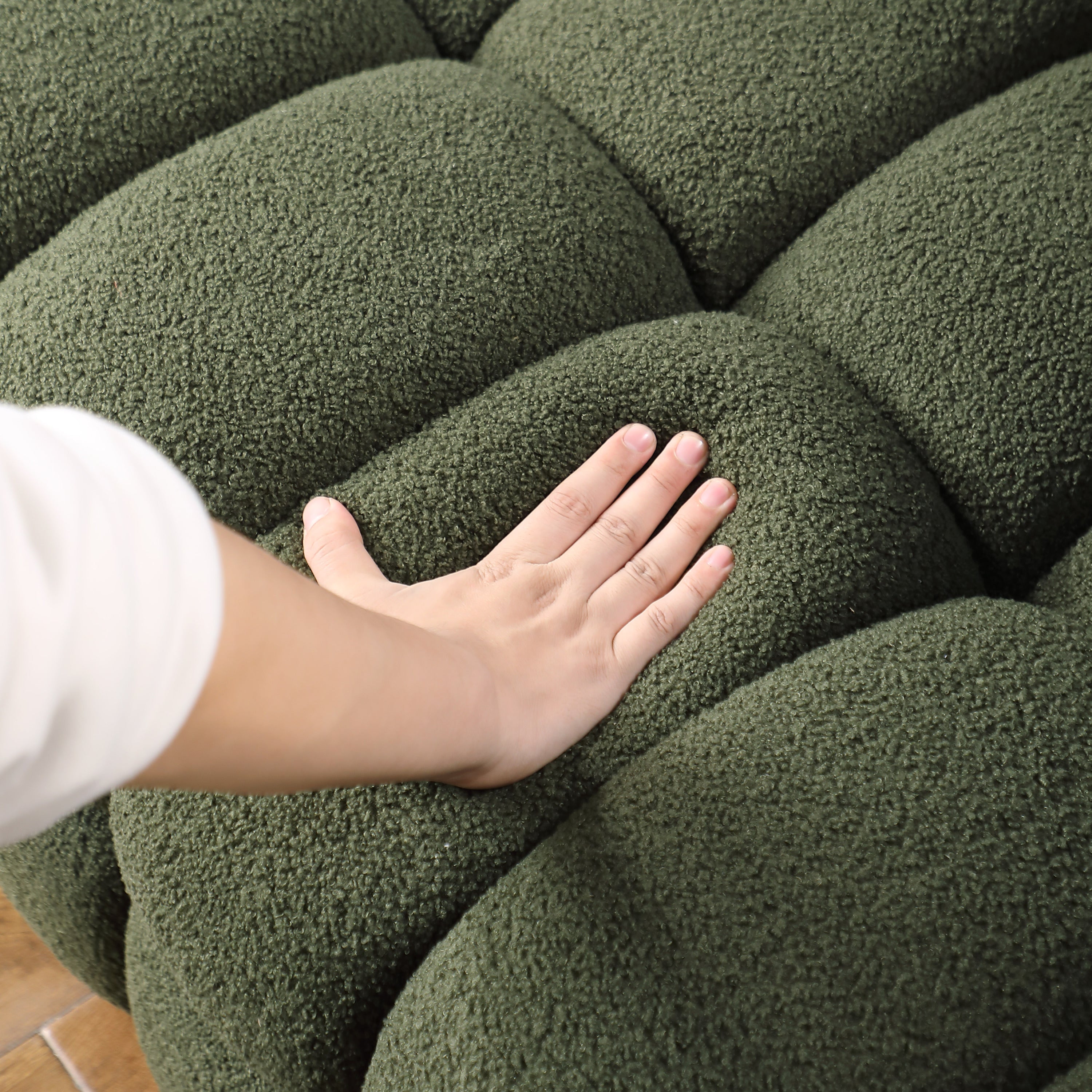 84.3 length ,35.83" deepth ,human body structure for USA people, marshmallow sofa,boucle sofa ,3 seater, OLIVE GREEN BOUCLE