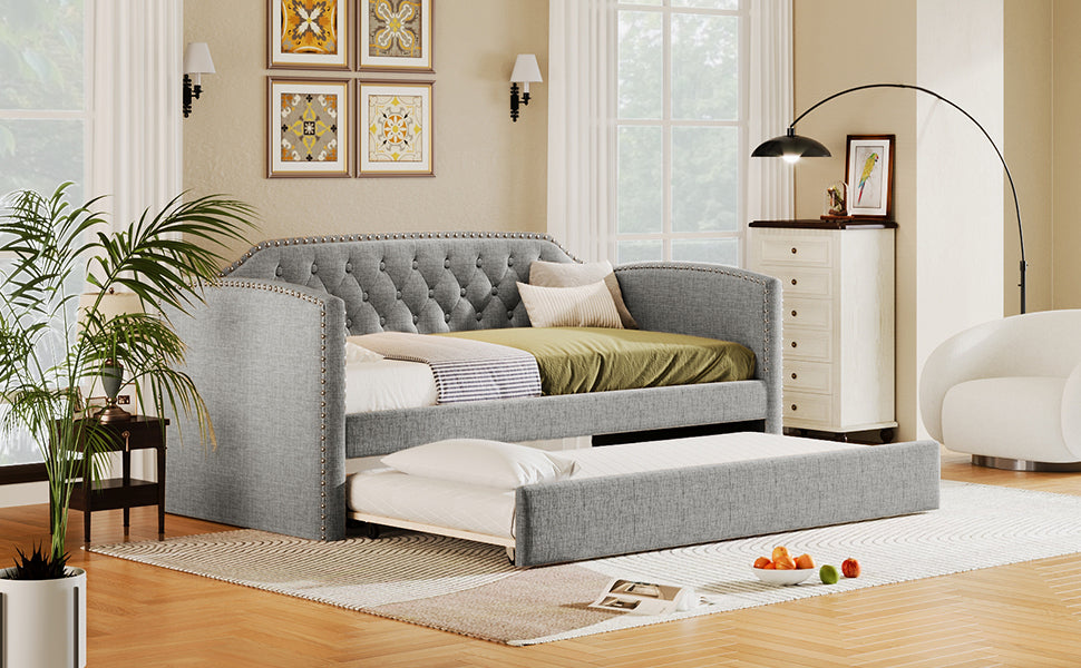 Twin Size Upholstered Daybed with Trundle for Guest Room, Small Bedroom, Study Room, Gray - Atlantic Fine Furniture Melbourne FL