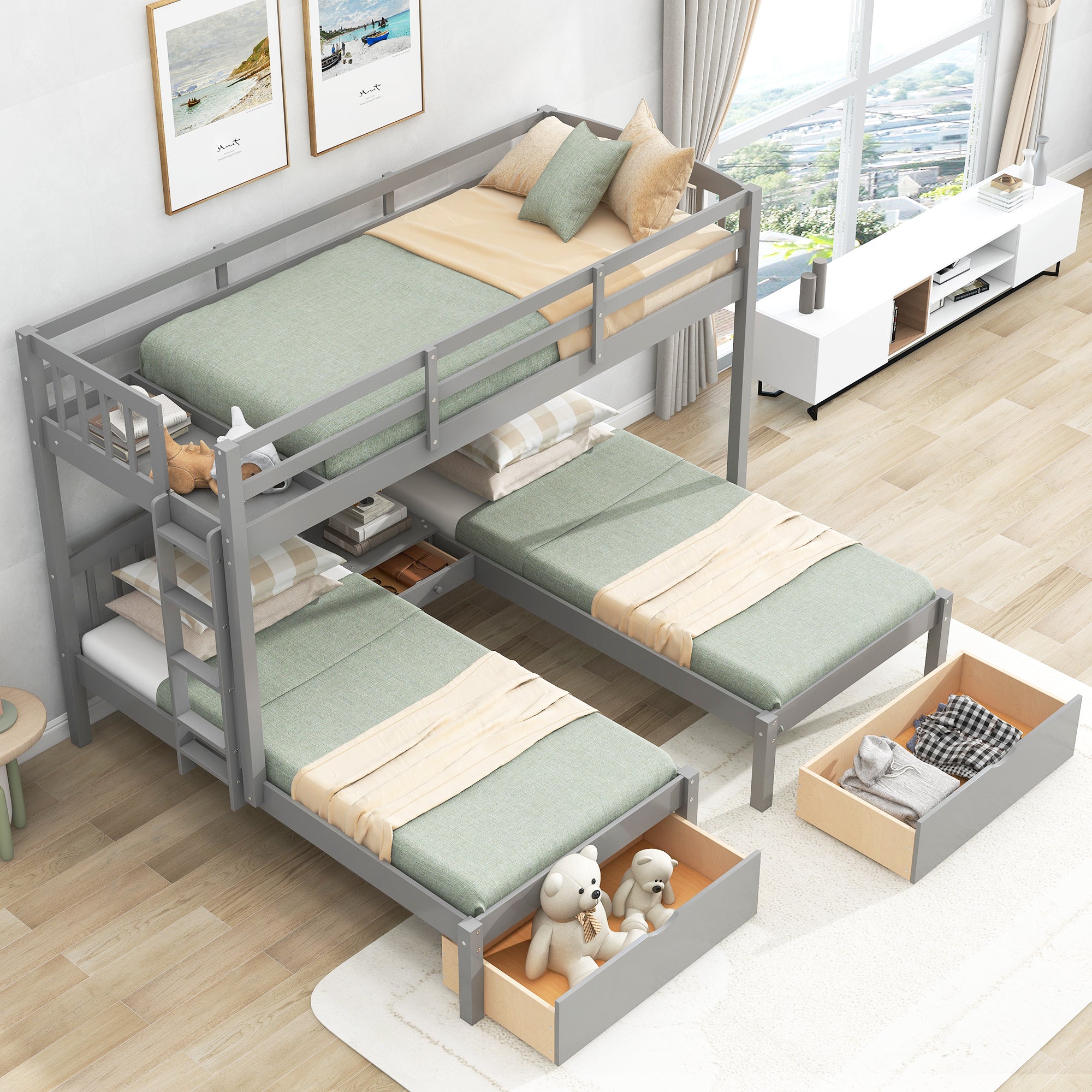 Twin over Twin & Twin Bunk Bed with Two Drawers and Built-in Middle Drawer, Gray - Atlantic Fine Furniture Melbourne FL