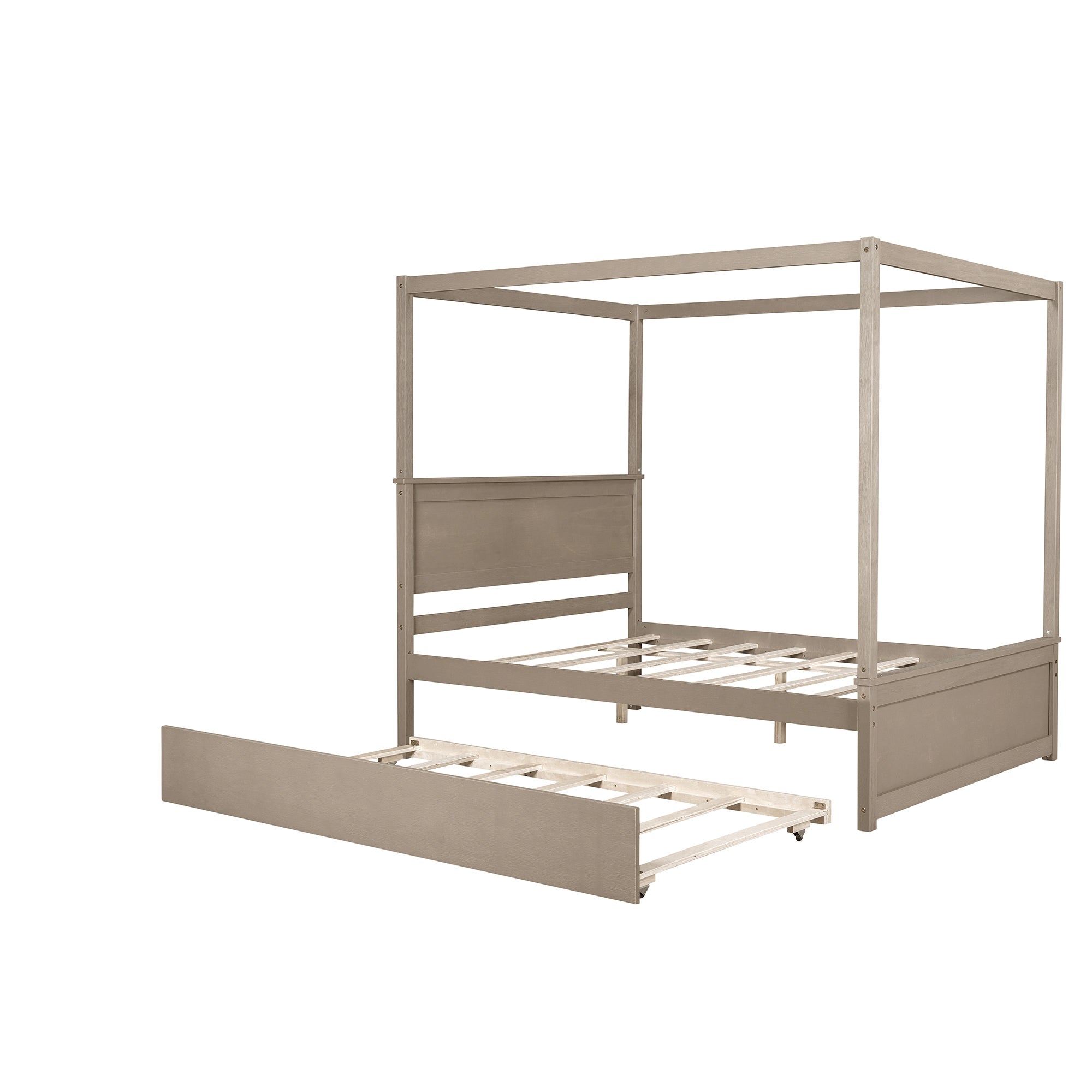 Wood Canopy Bed with Trundle Bed ,Full Size Canopy Platform bed With Support Slats .No Box Spring Needed, Brushed Light Brown - Atlantic Fine Furniture Melbourne FL
