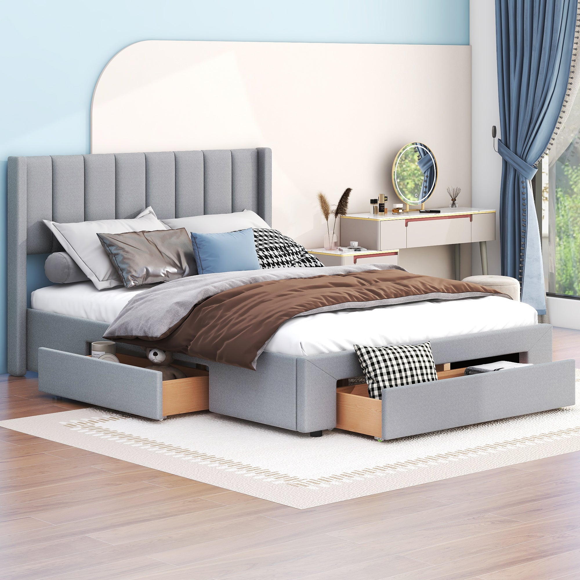 Queen Size Upholstered Platform Bed with One Large Drawer in the Footboard and Drawer on Each Side,Gray - Atlantic Fine Furniture Melbourne FL