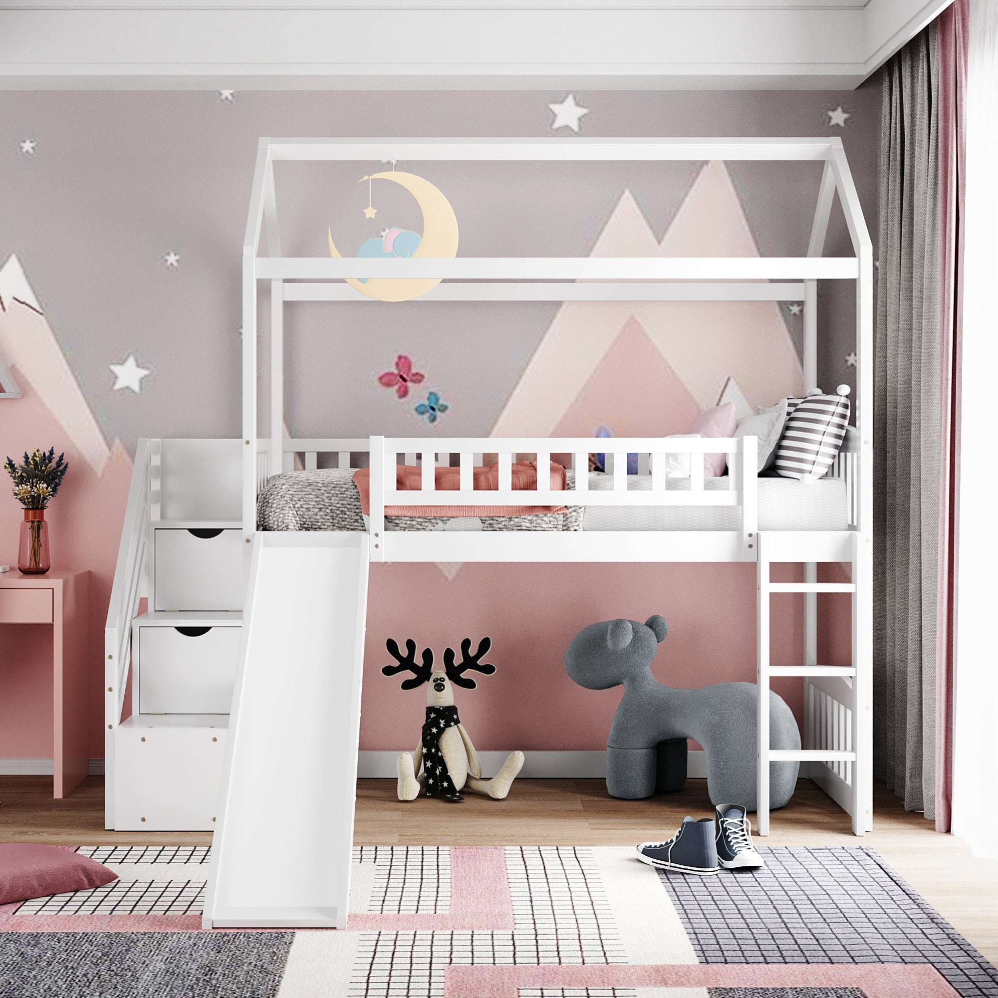 Twin Loft Bed with Two Drawers and Slide, House Bed with Slide, White (Old SKU: LP000130AAK) - Atlantic Fine Furniture Melbourne FL
