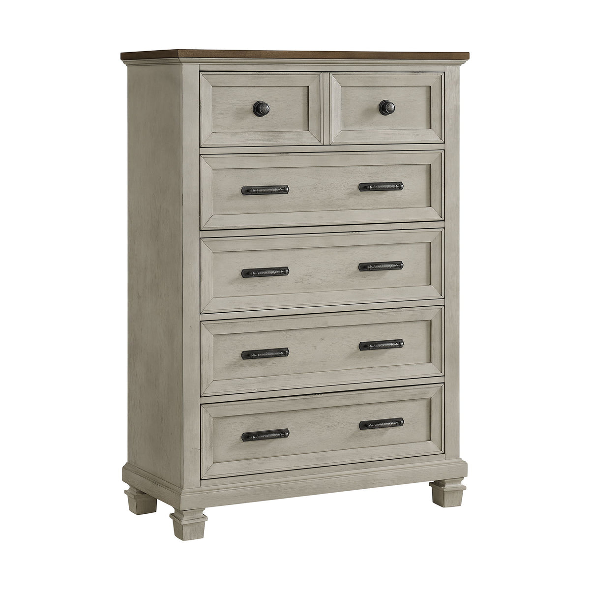 Farmington 5 Drawer Chest in Medium Brown / Washed Stone by Elements International