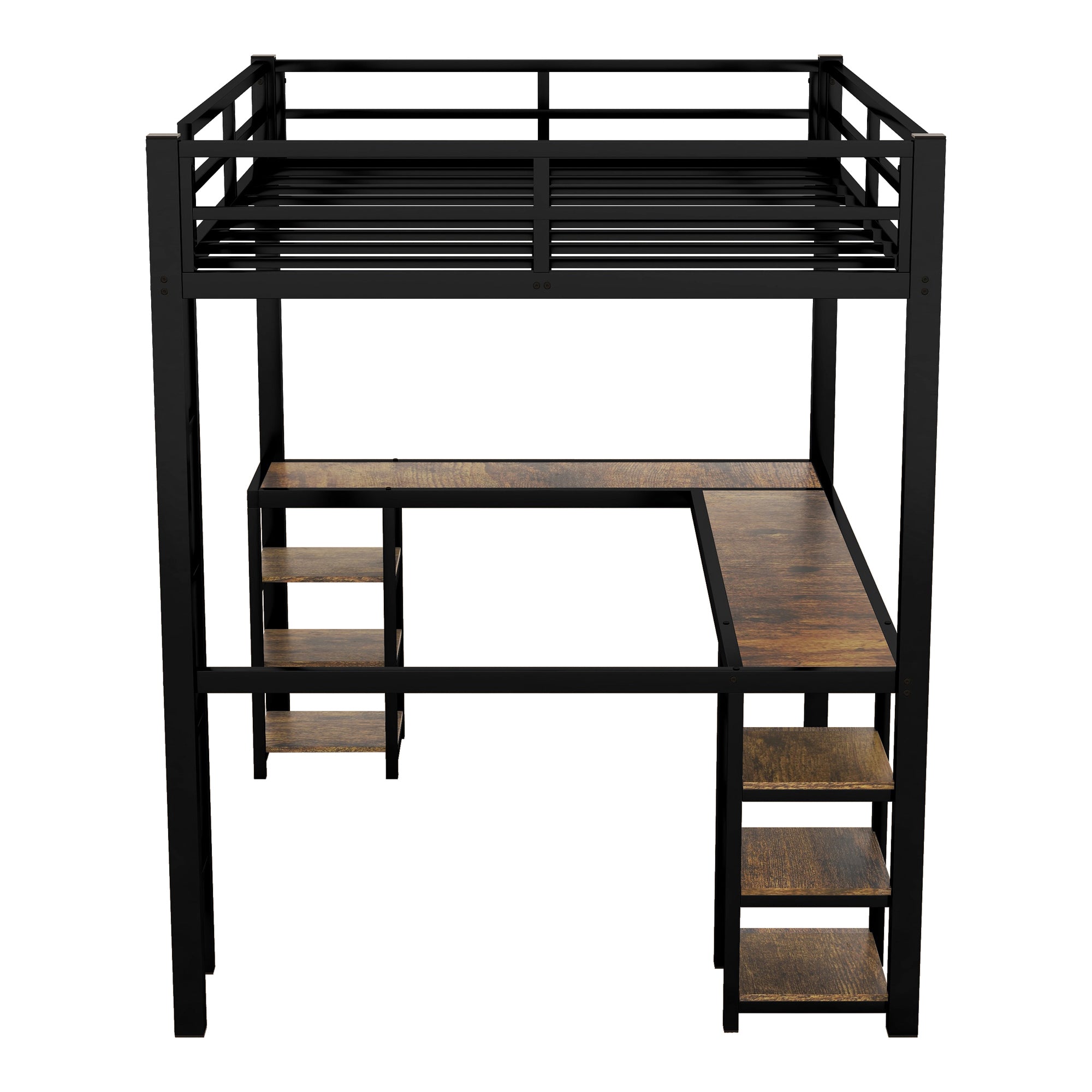 Full Metal Loft Bed with Desk and Shelves, Loft Bed with Ladder and Guardrails, Loft Bed Frame for Bedroom, Black (Old SKU: W1307S00016) (Pre-sale date: 2024/3/7.)