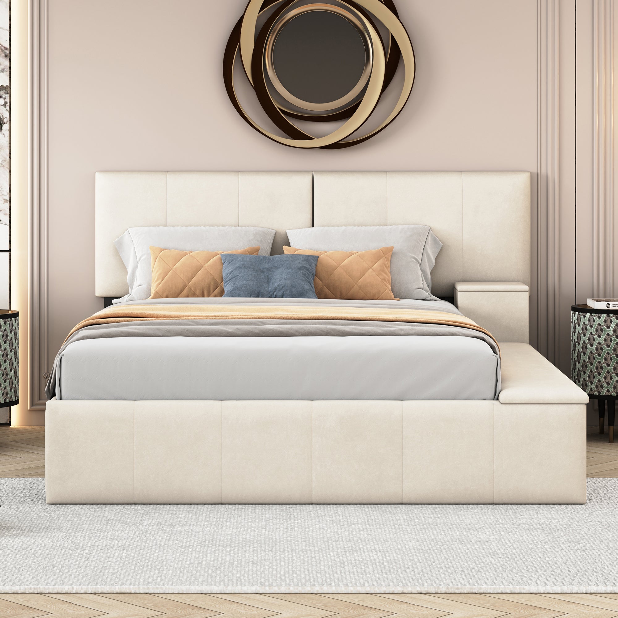 Queen Size Upholstered Platform Bed with Lateral Storage Compartments and Thick Fabric, Velvet, Beige - Atlantic Fine Furniture Melbourne FL