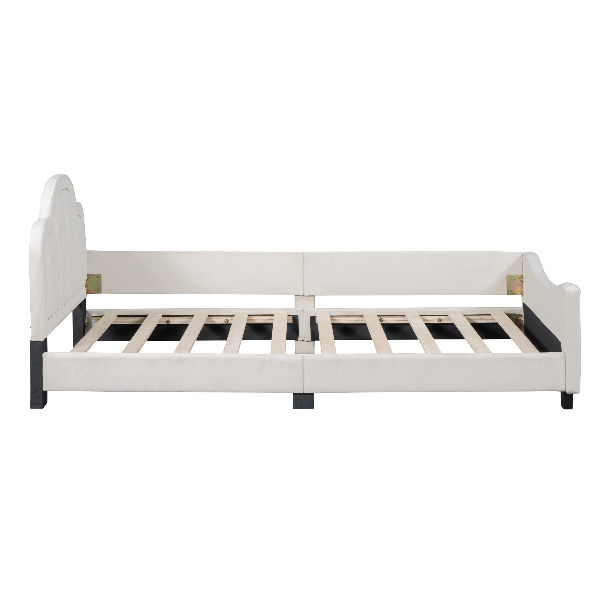 Twin Size Upholstered Daybed with Cloud Shaped Headboard, Embedded Elegant Copper Nail Design, Beige - Atlantic Fine Furniture Melbourne FL