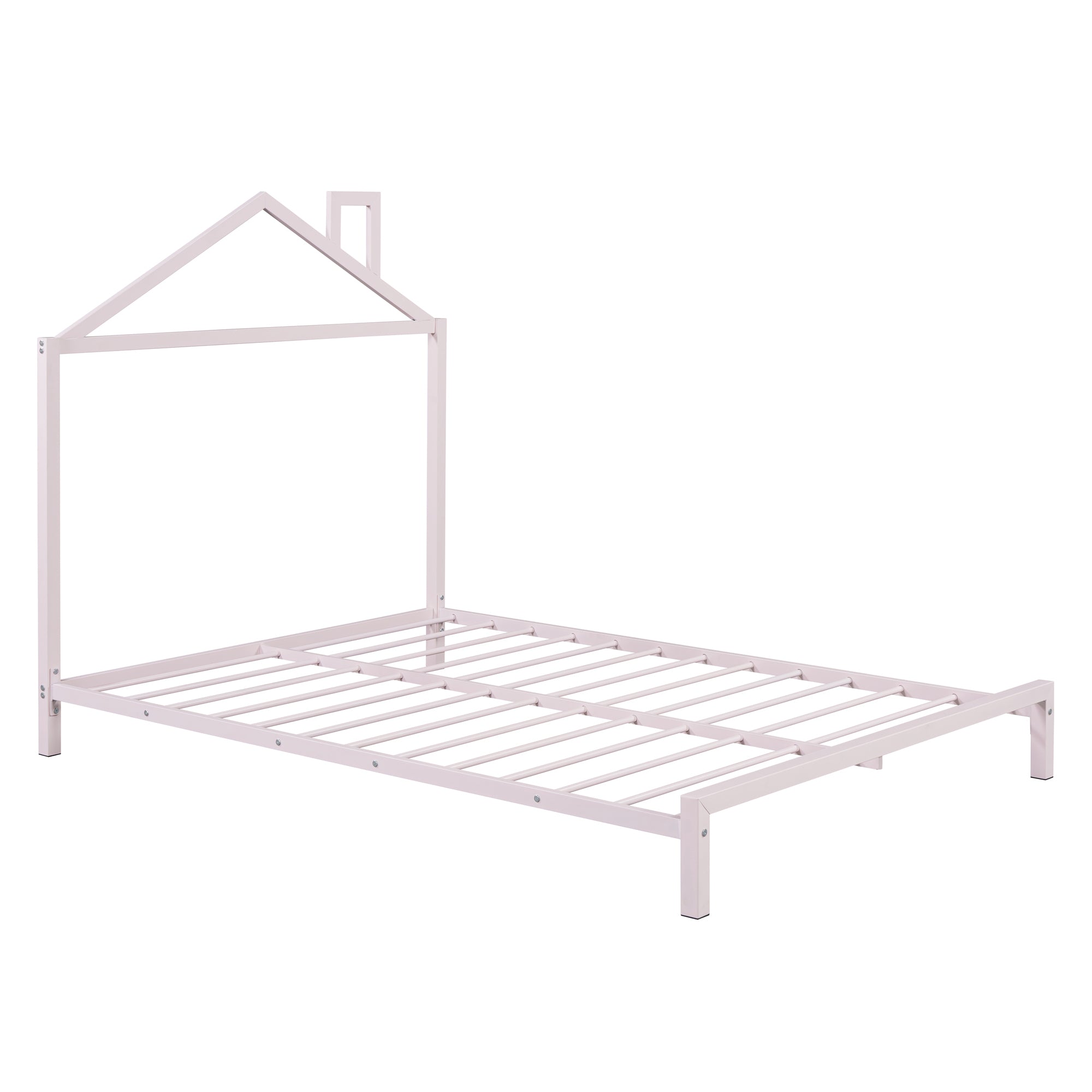 Full Size Metal Platform Bed with House-Shaped Headboard Design, Pink