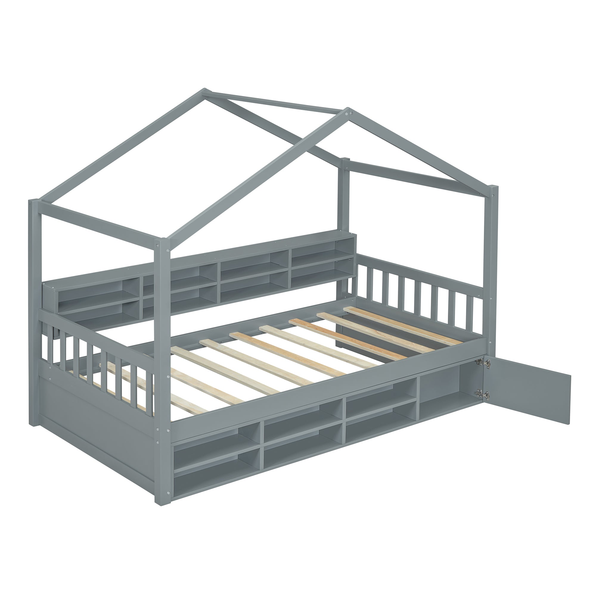 Twin Size Wooden House Bed with Shelves and a Mini-cabinet, Gray - Atlantic Fine Furniture Melbourne FL